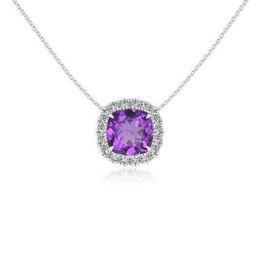 lab grown amethyst cushion solitaire necklaces in sterling silver