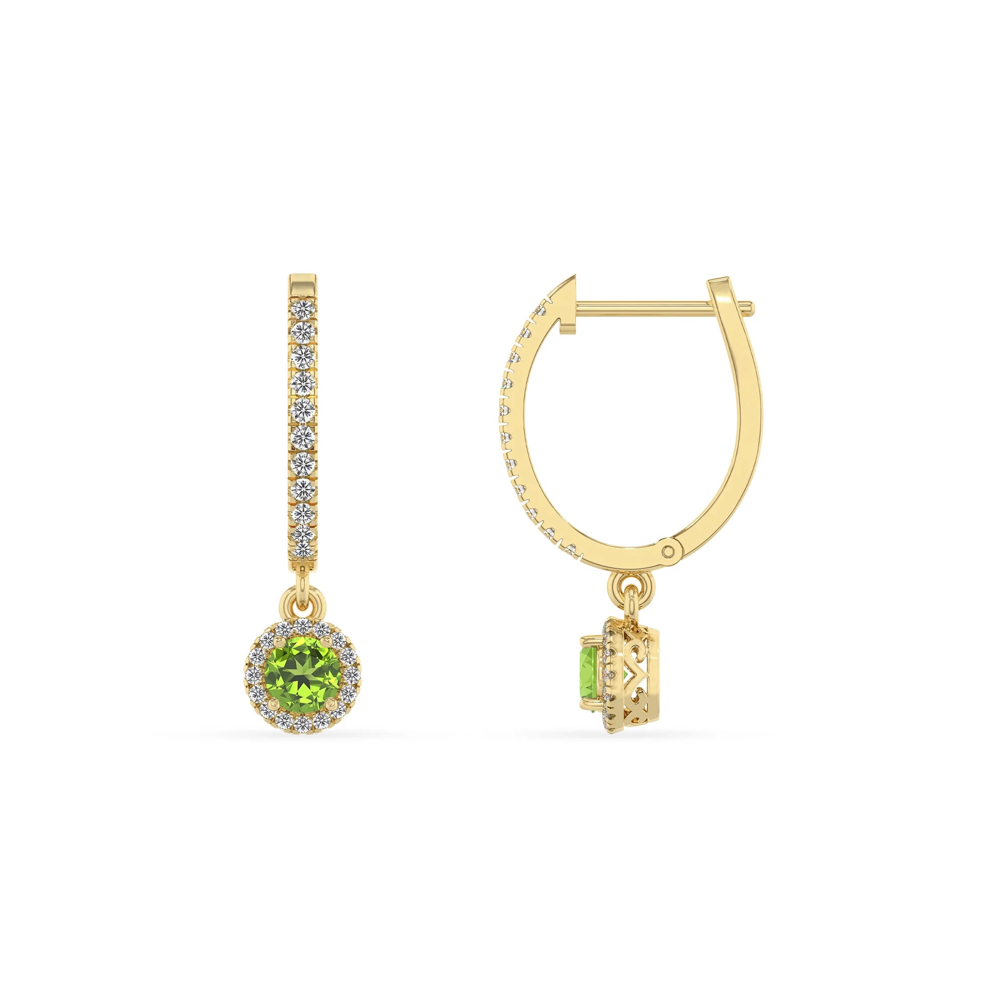 natural peridot round drop earrings in yellow gold