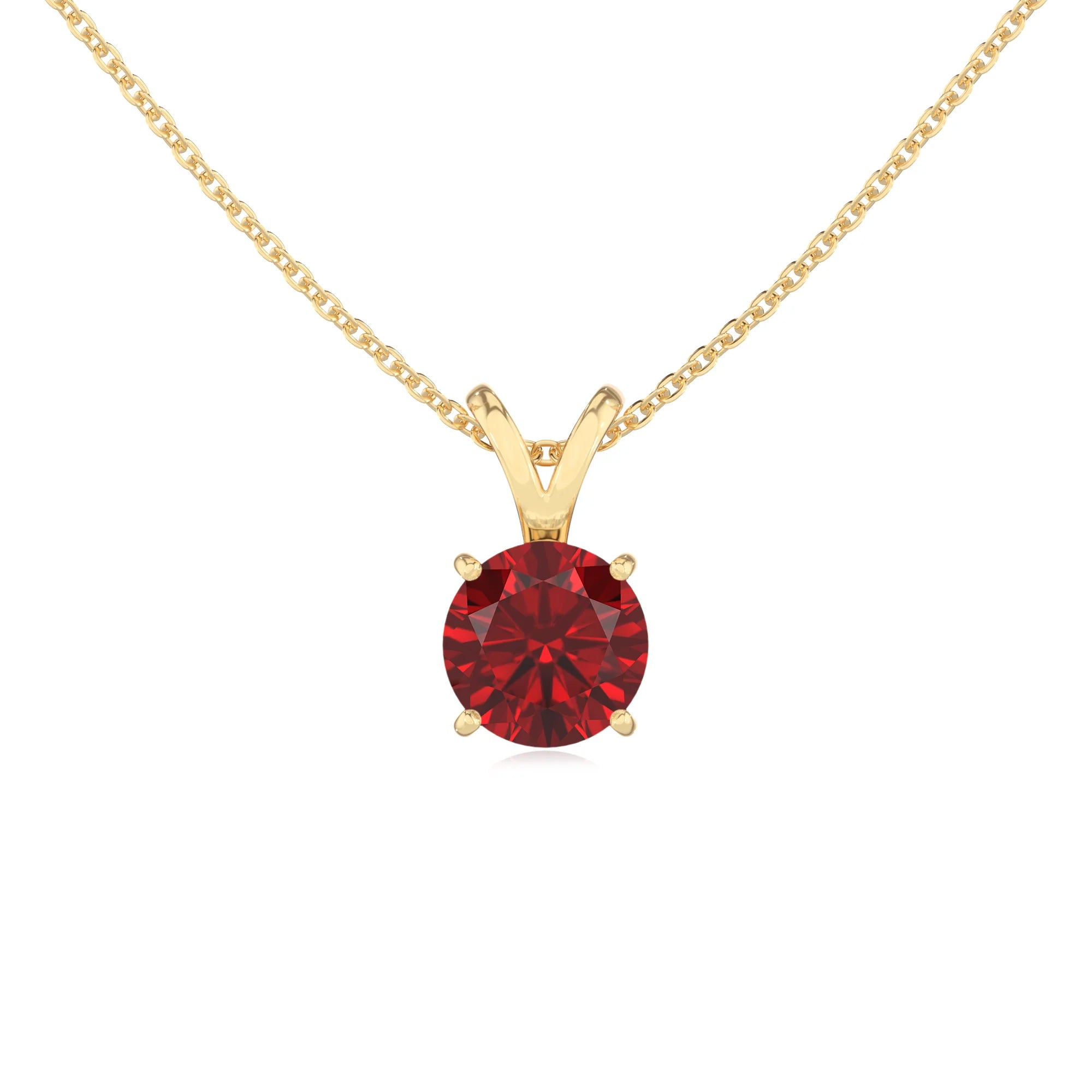 lab grown ruby round solitaire v-bale necklaces in yellow gold