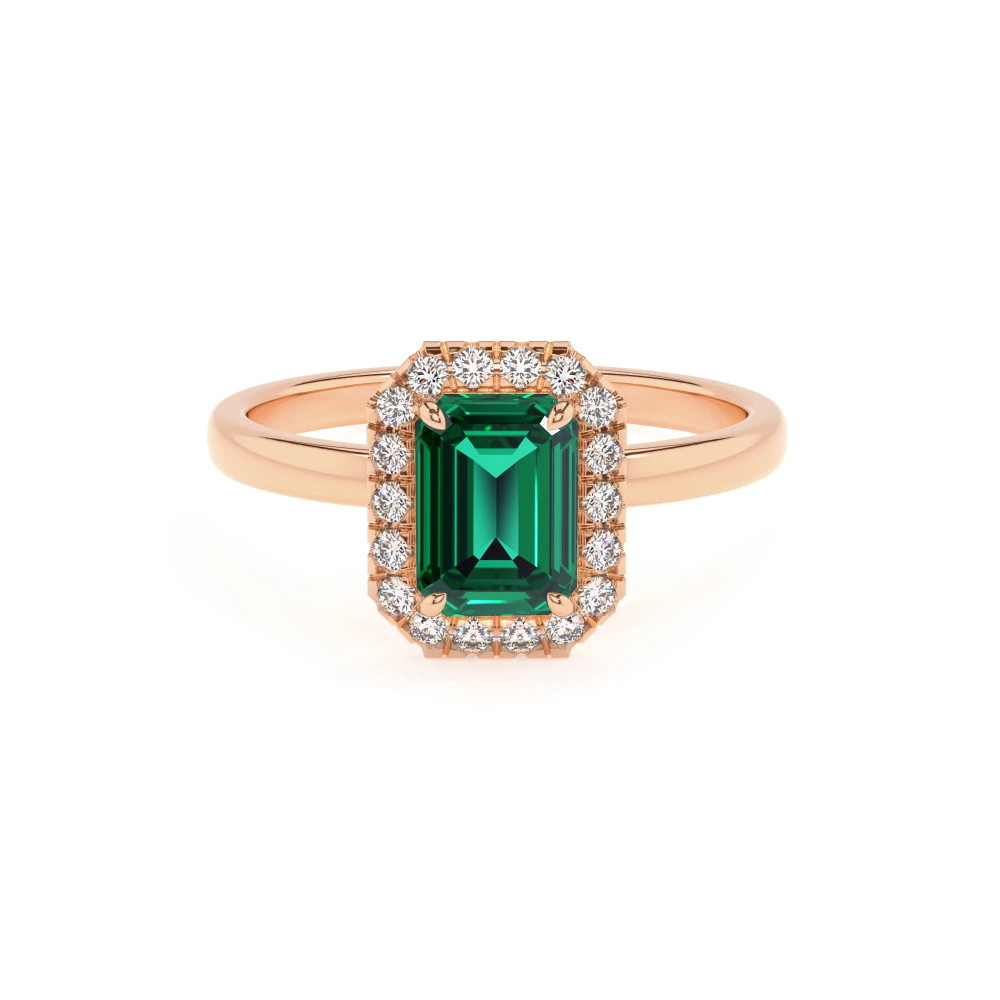 lab grown emerald octogon cut solitaire rings in rose gold