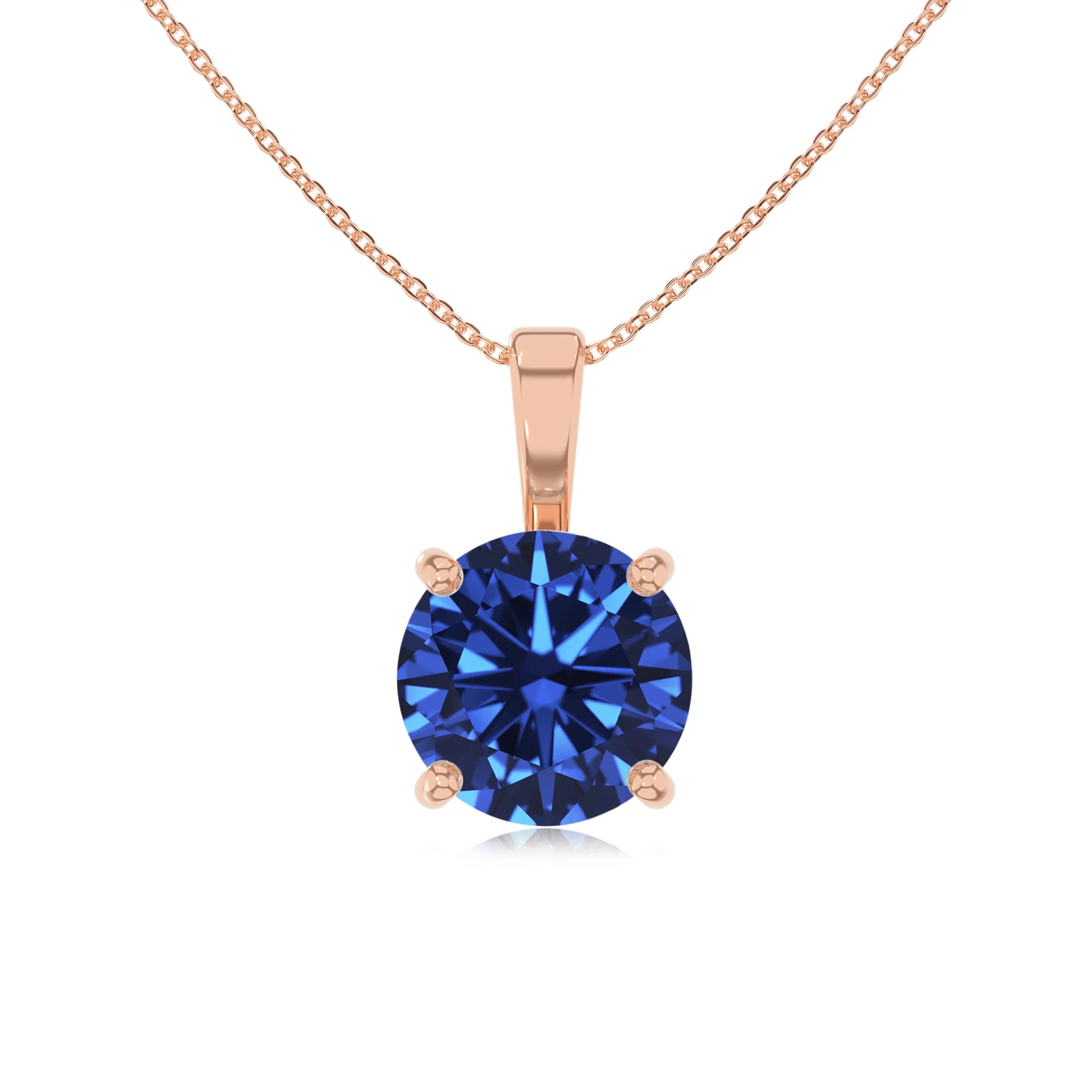 lab grown blue-sapphire round solitaire necklaces in rose gold