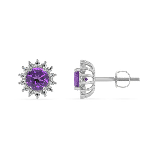 lab grown amethyst round stud earrings in sterling silver