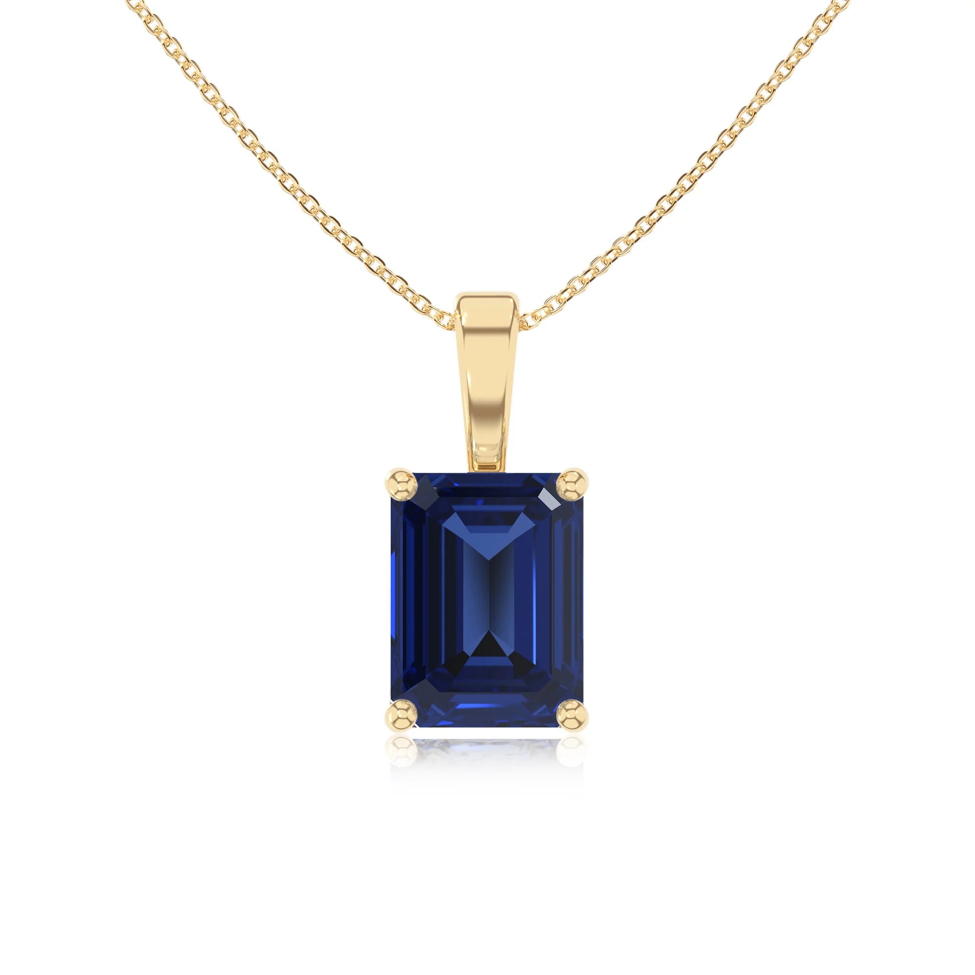 lab grown blue-sapphire emerald cut solitaire necklaces in yellow gold