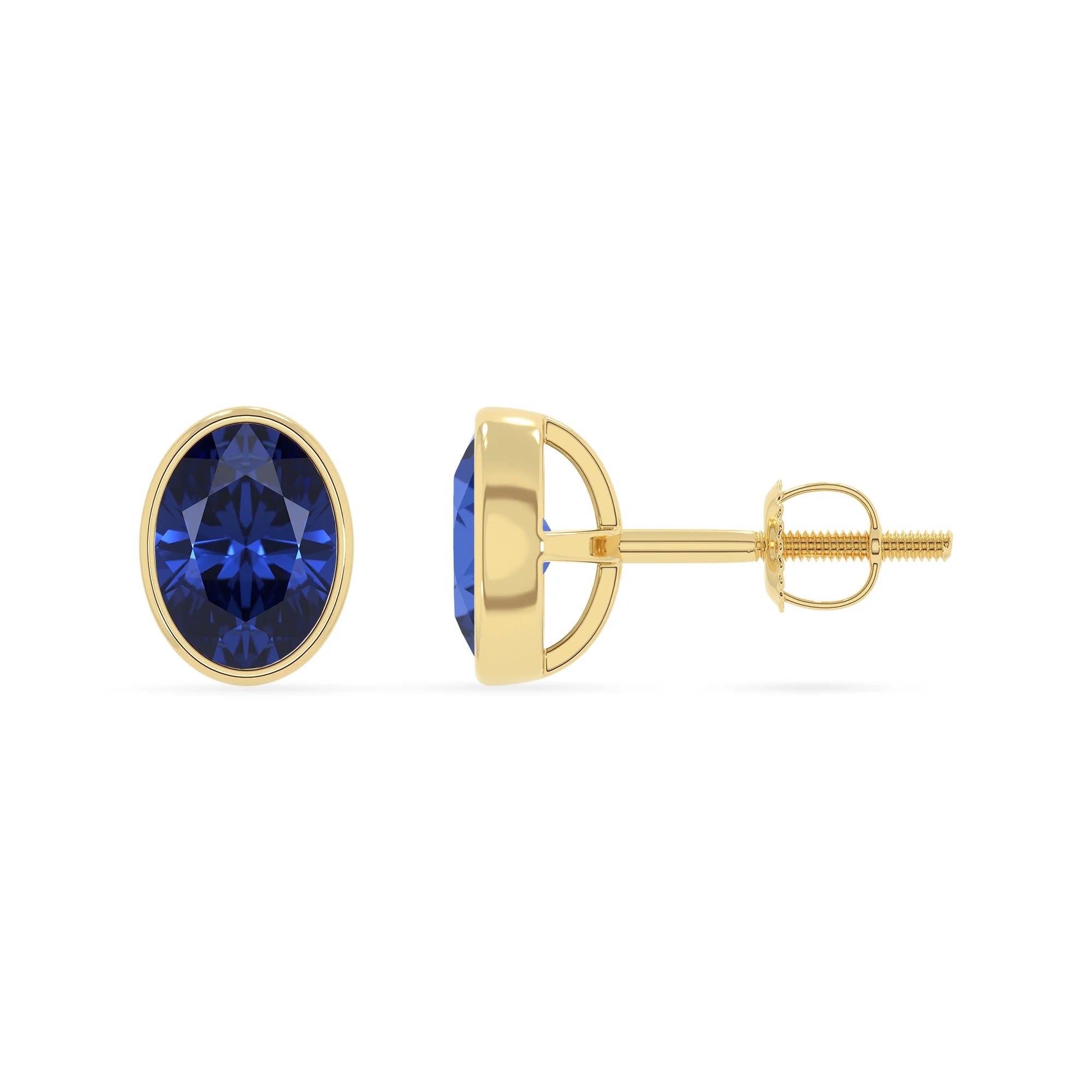 lab grown blue sapphire oval stud earrings in yellow gold