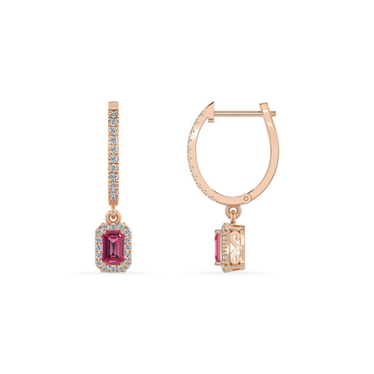 lab grown pink tourmaline emerald cut drop earrings in rose gold