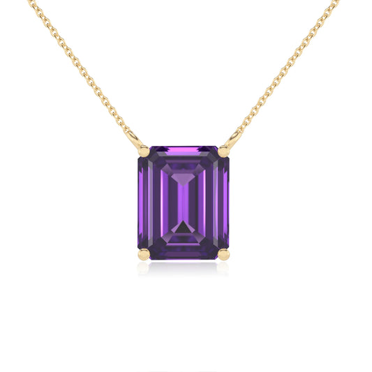 lab grown amethyst emerald cut solitaire necklaces in yellow gold