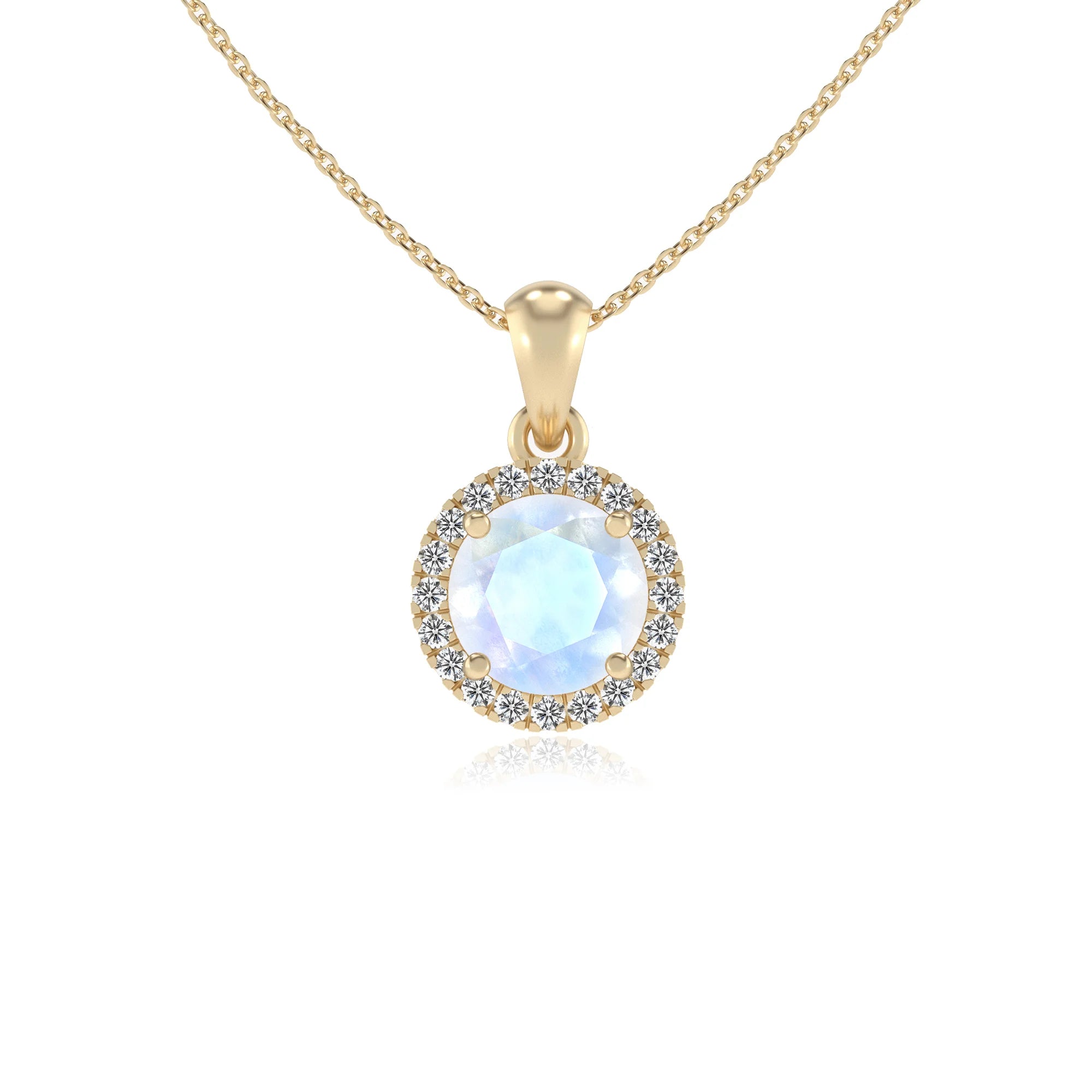 natural rainbow-moonstone round solitaire necklaces in yellow gold