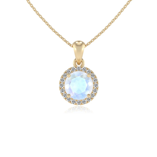 natural rainbow-moonstone round solitaire necklaces in yellow gold