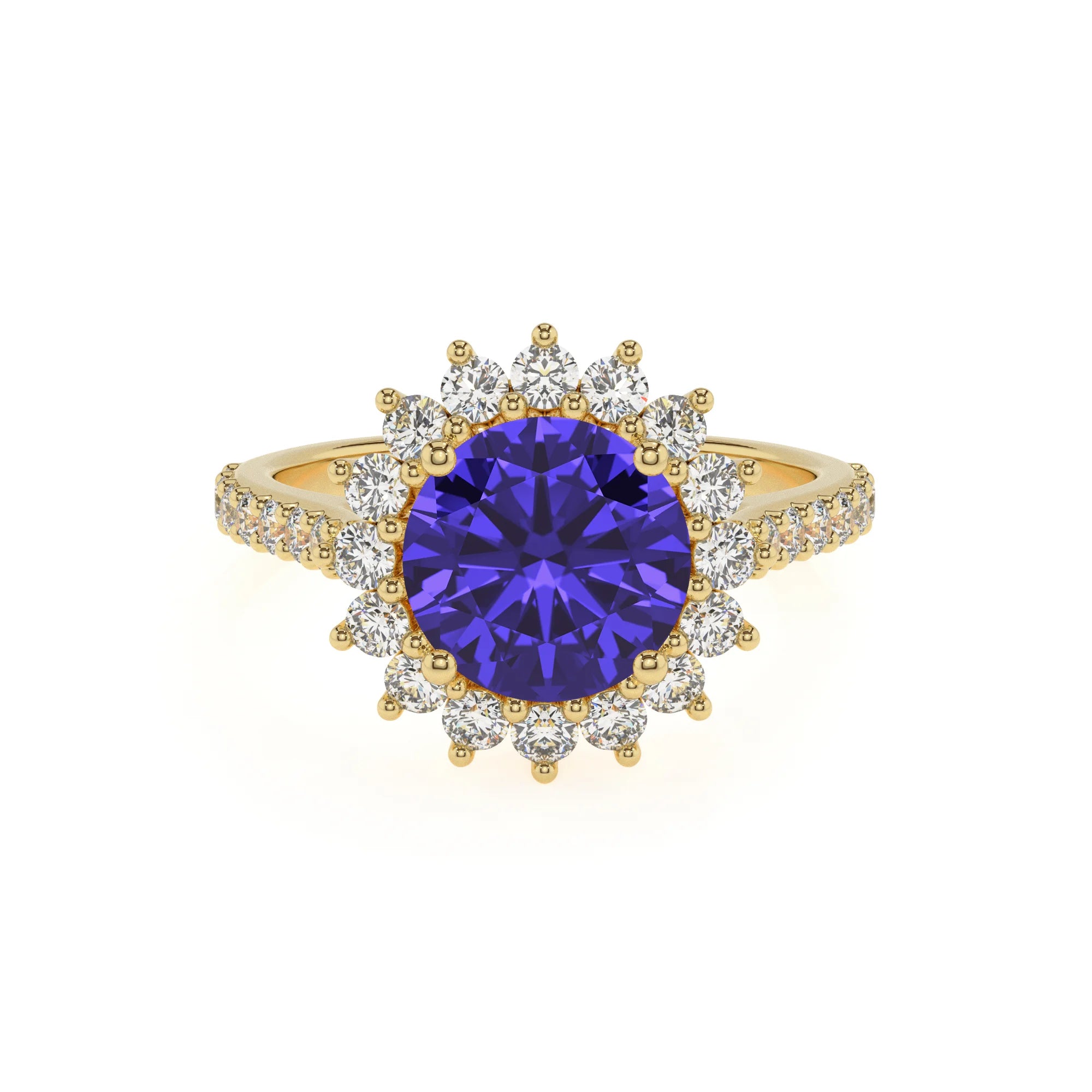 lab grown tanzanite round solitaire rings in yellow gold