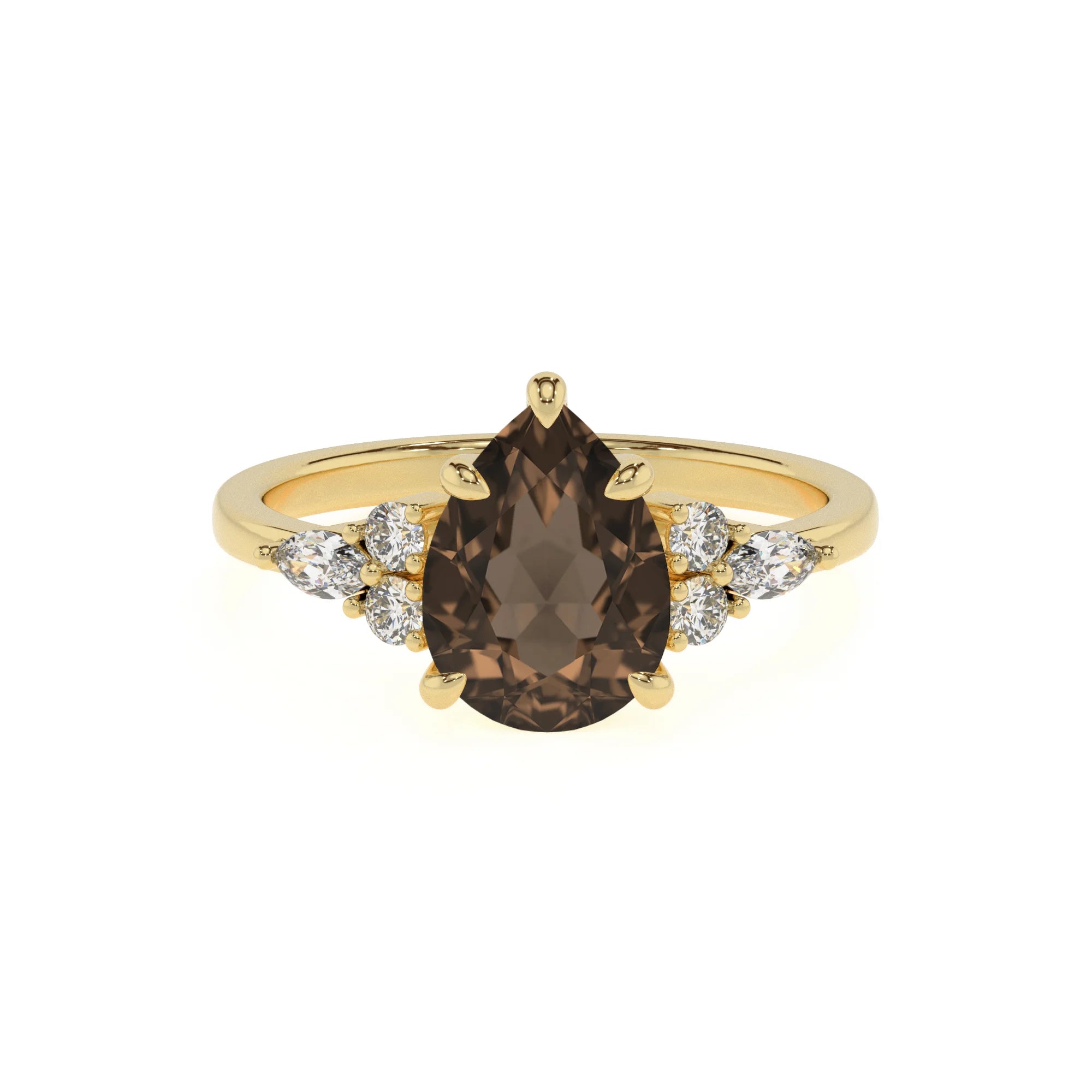 natural smoky-quartz pear solitaire rings in yellow gold