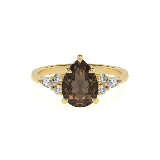 natural smoky-quartz pear solitaire rings in yellow gold