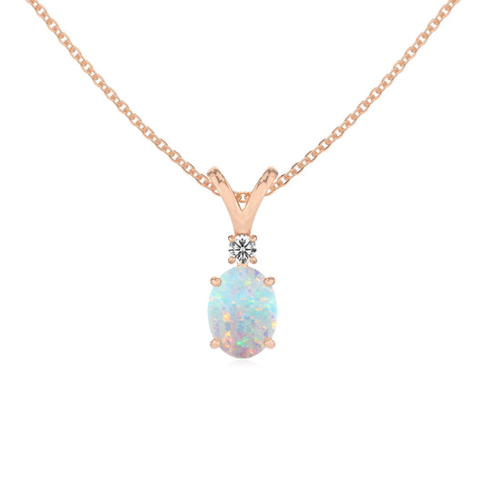 lab grown opal oval solitaire v-bale necklaces in rose gold