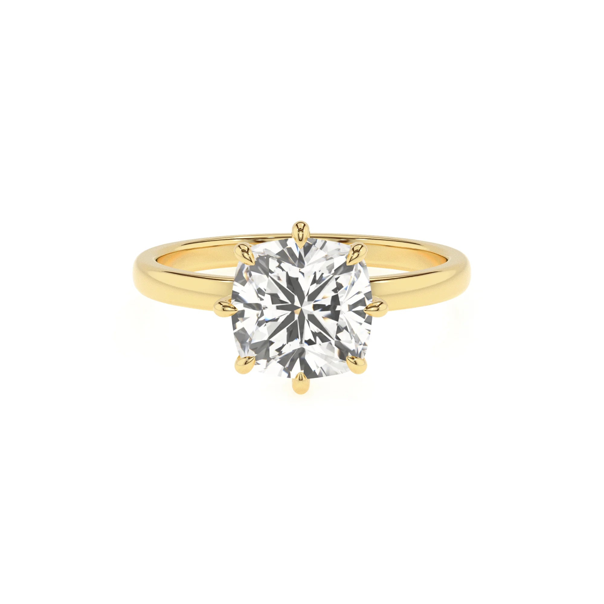 lab grown moissanite cushion solitaire rings in yellow gold