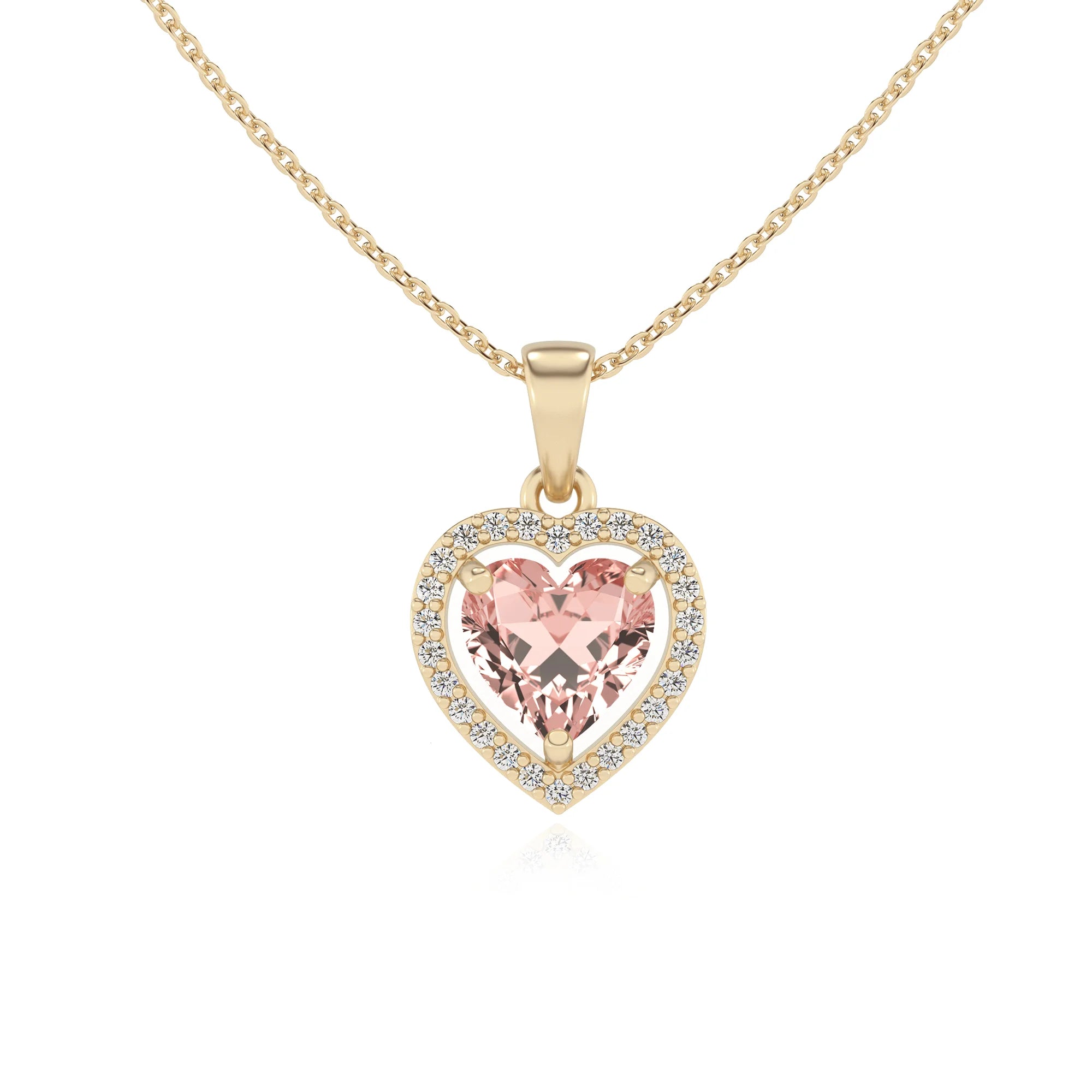lab grown morganite heart solitaire necklaces in yellow gold