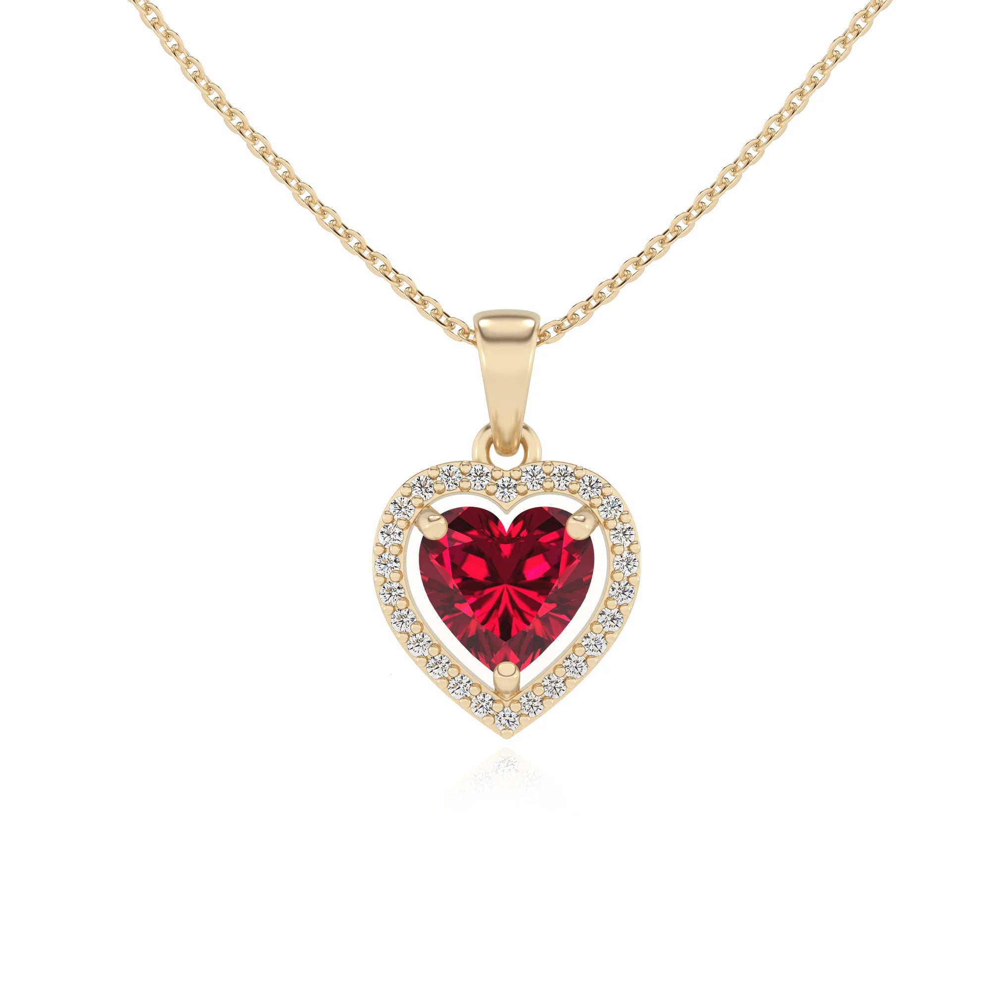lab grown ruby heart solitaire necklaces in yellow gold