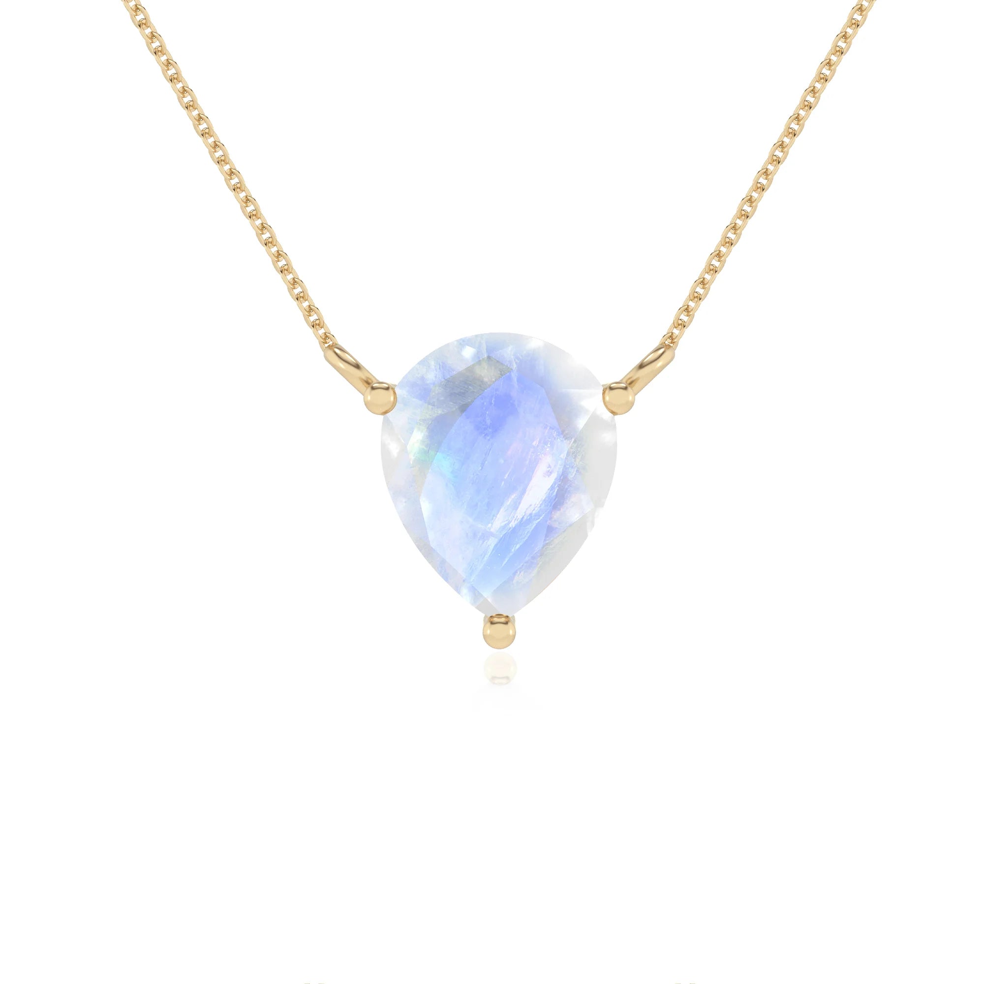 natural rainbow-moonstone pear solitaire necklaces in yellow gold