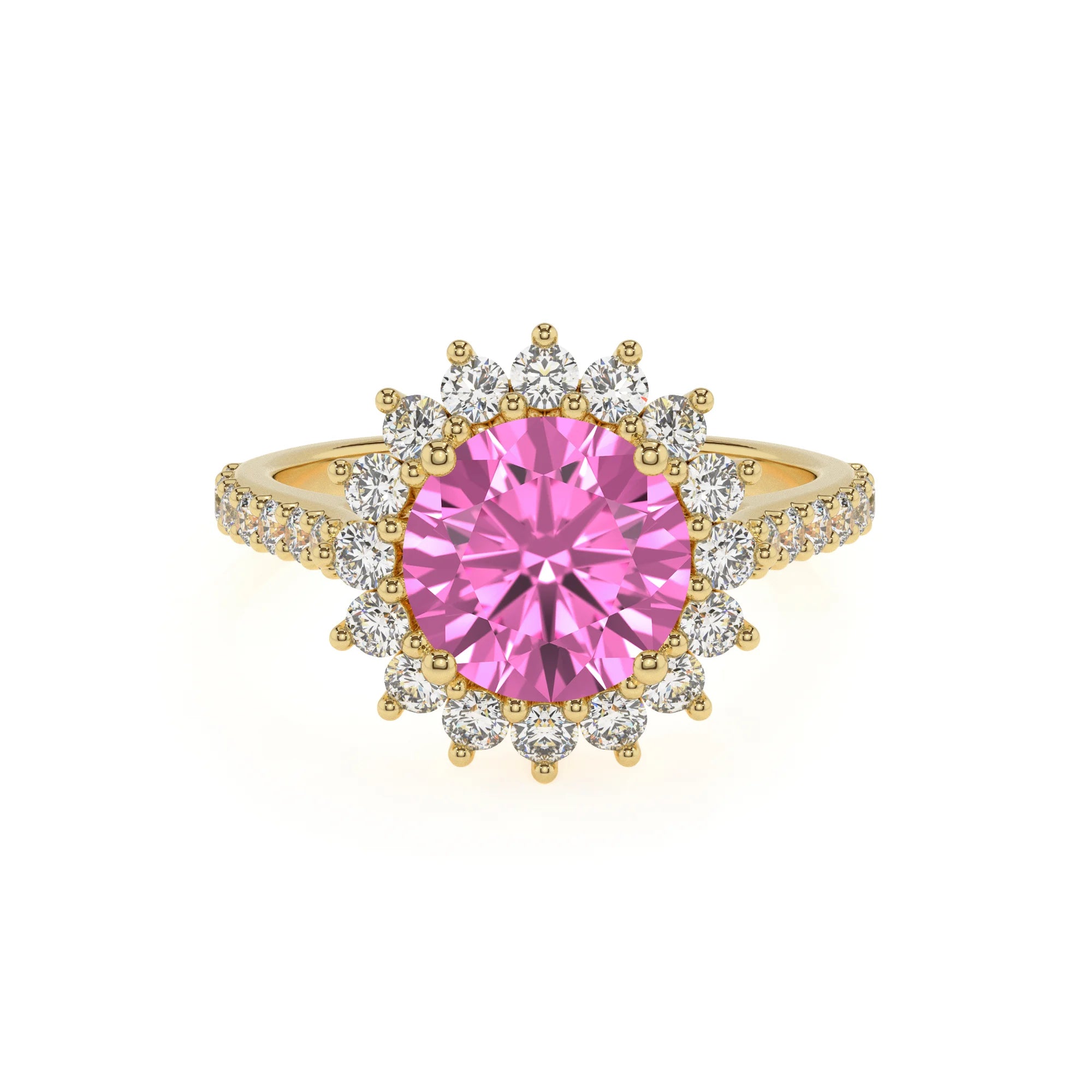 lab grown pink-sapphire round solitaire rings in yellow gold