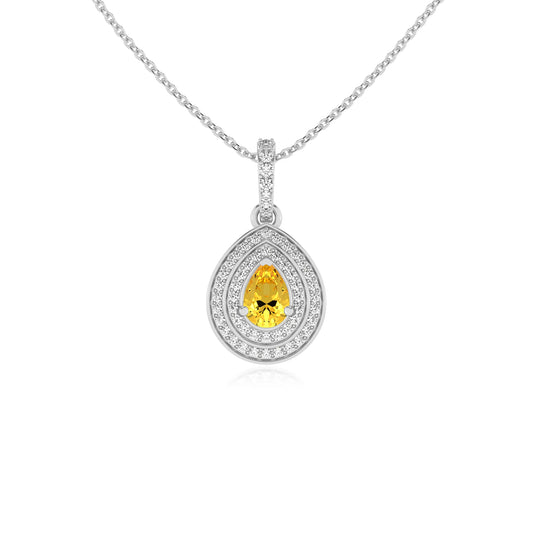 lab grown yellow-sapphire pear halo necklaces in white gold