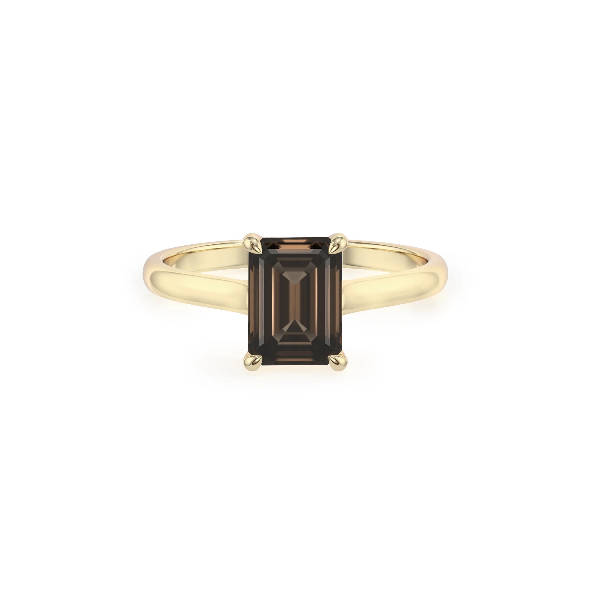 natural smoky-quartz emerald cut solitaire rings in yellow gold