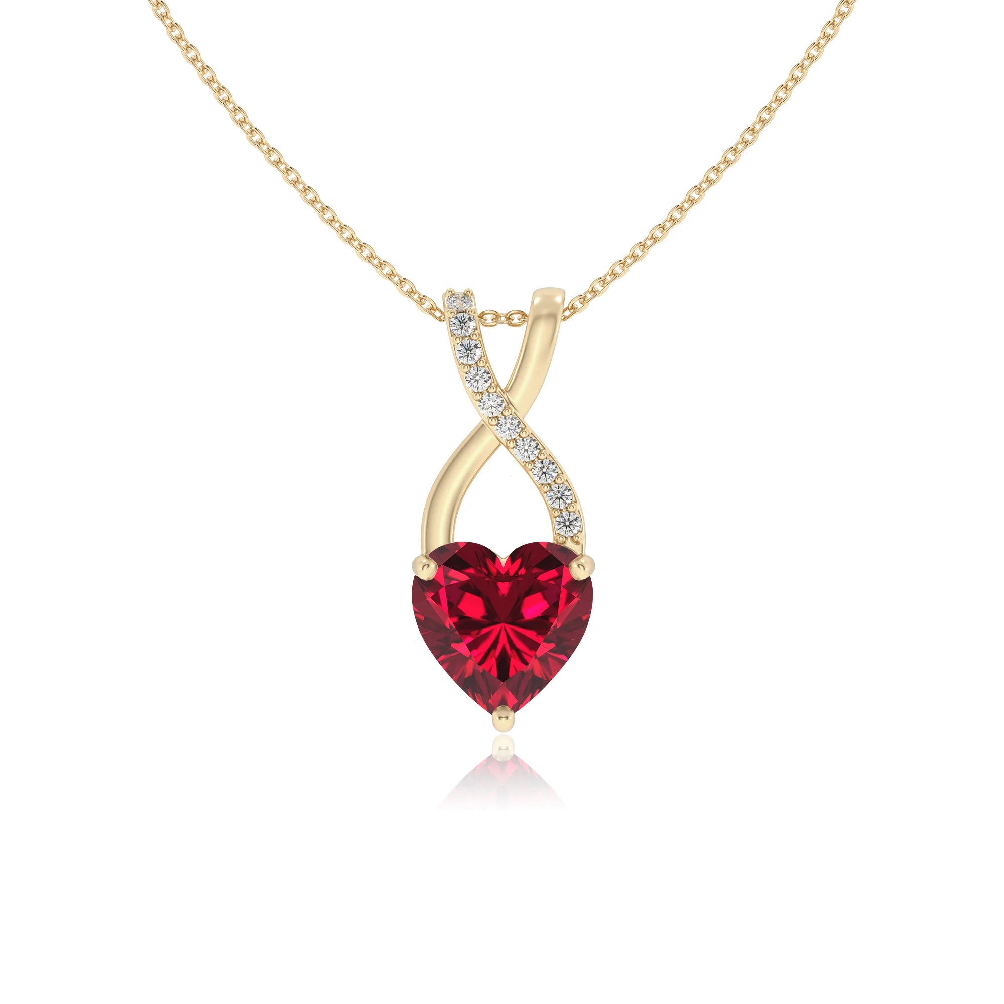 lab grown ruby heart solitaire necklaces in yellow gold