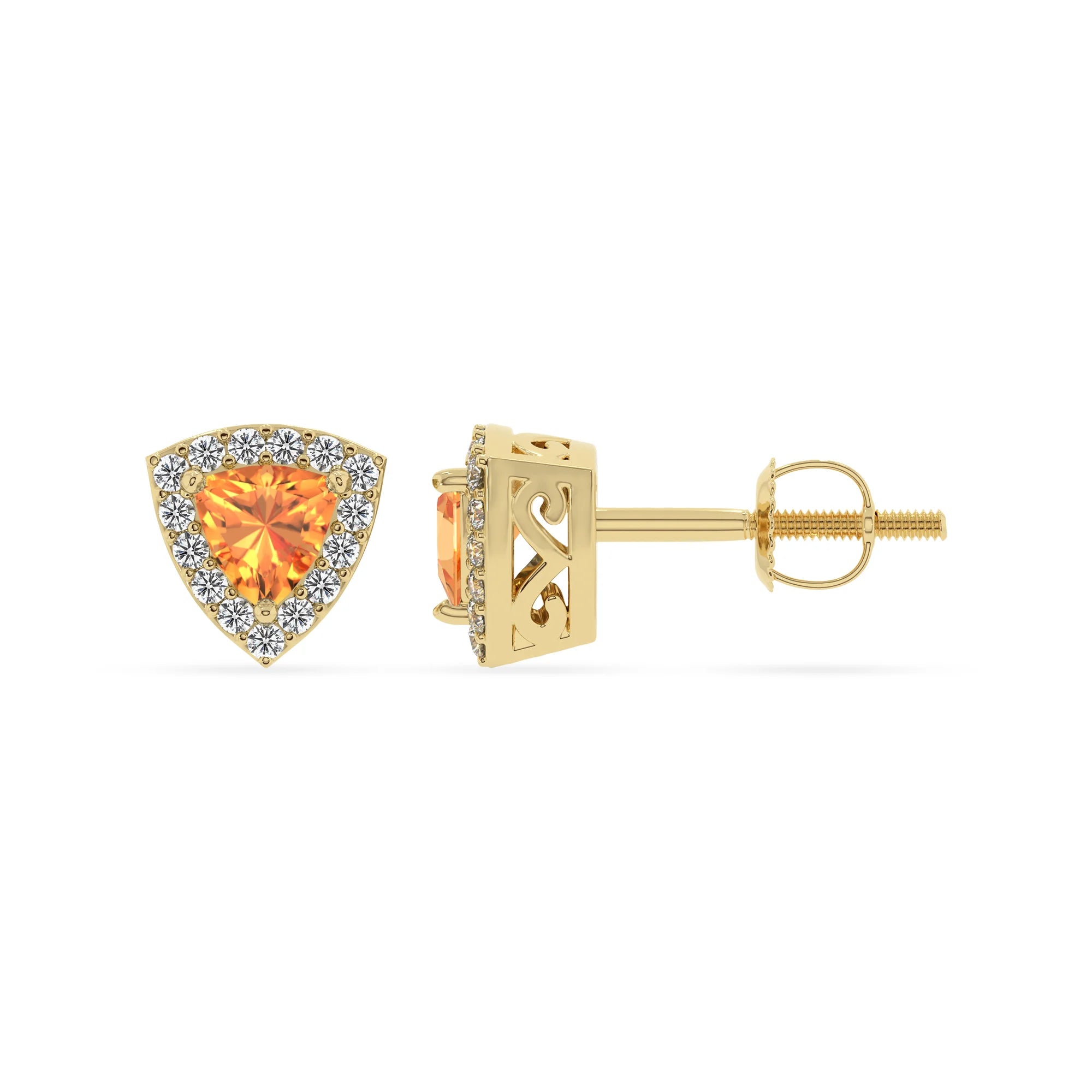 lab grown citrine trillion stud earrings in yellow gold