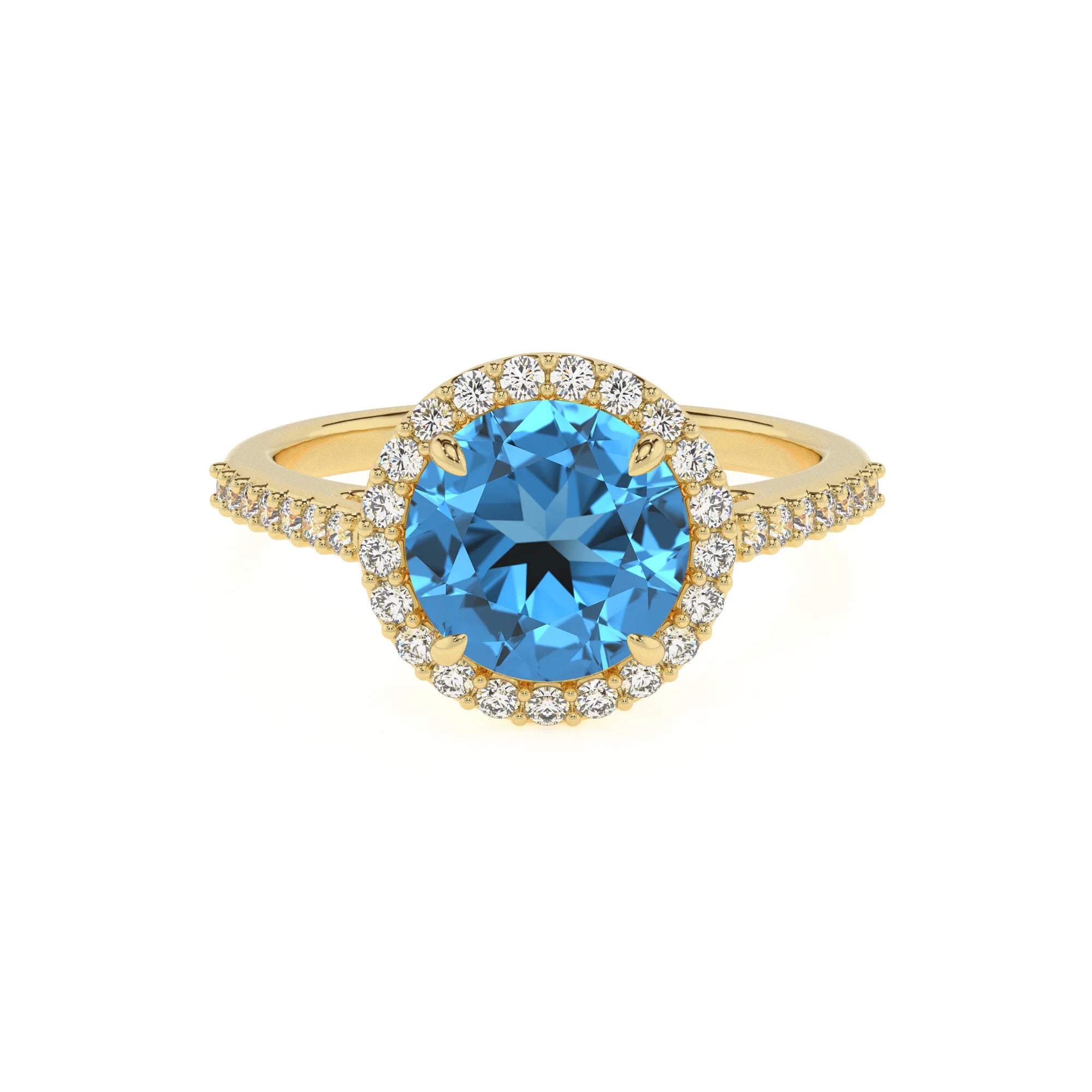 natural swiss-blue-topaz round solitaire rings in yellow gold