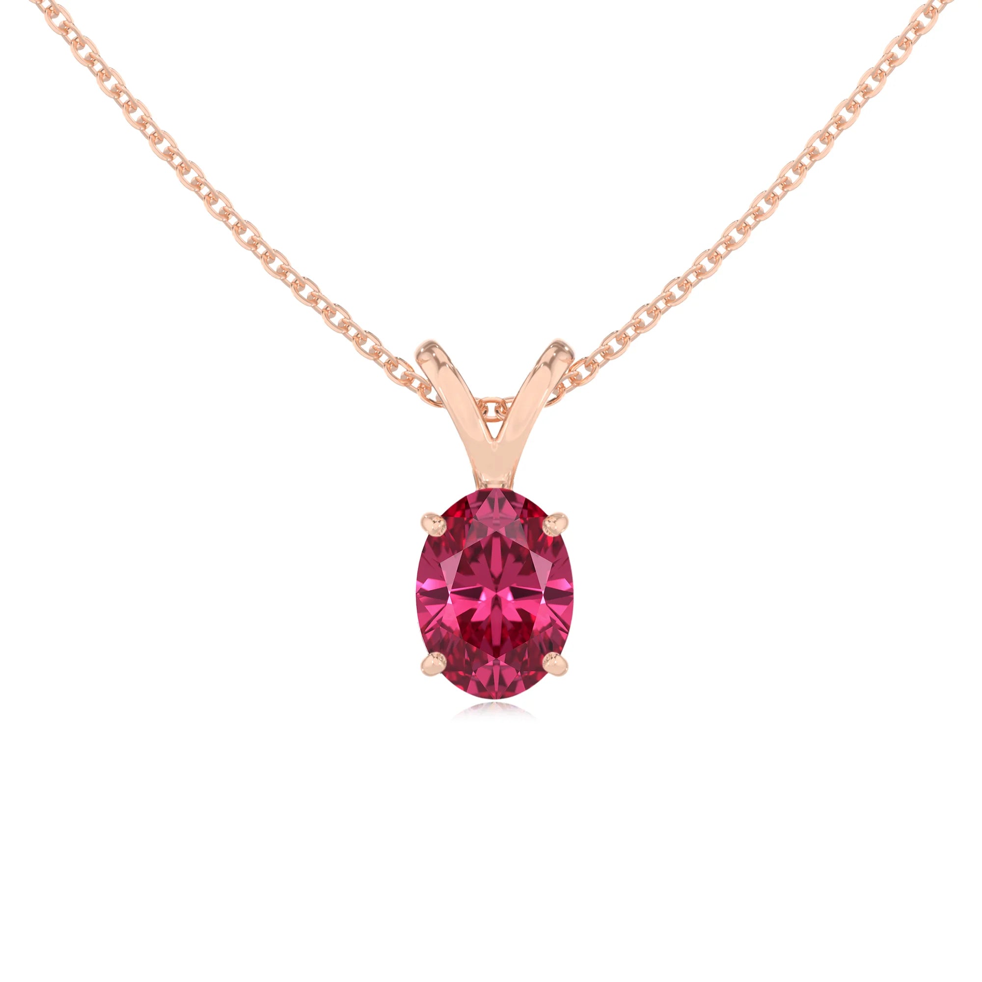 lab grown pink-tourmaline oval solitaire v-bale necklaces in rose gold