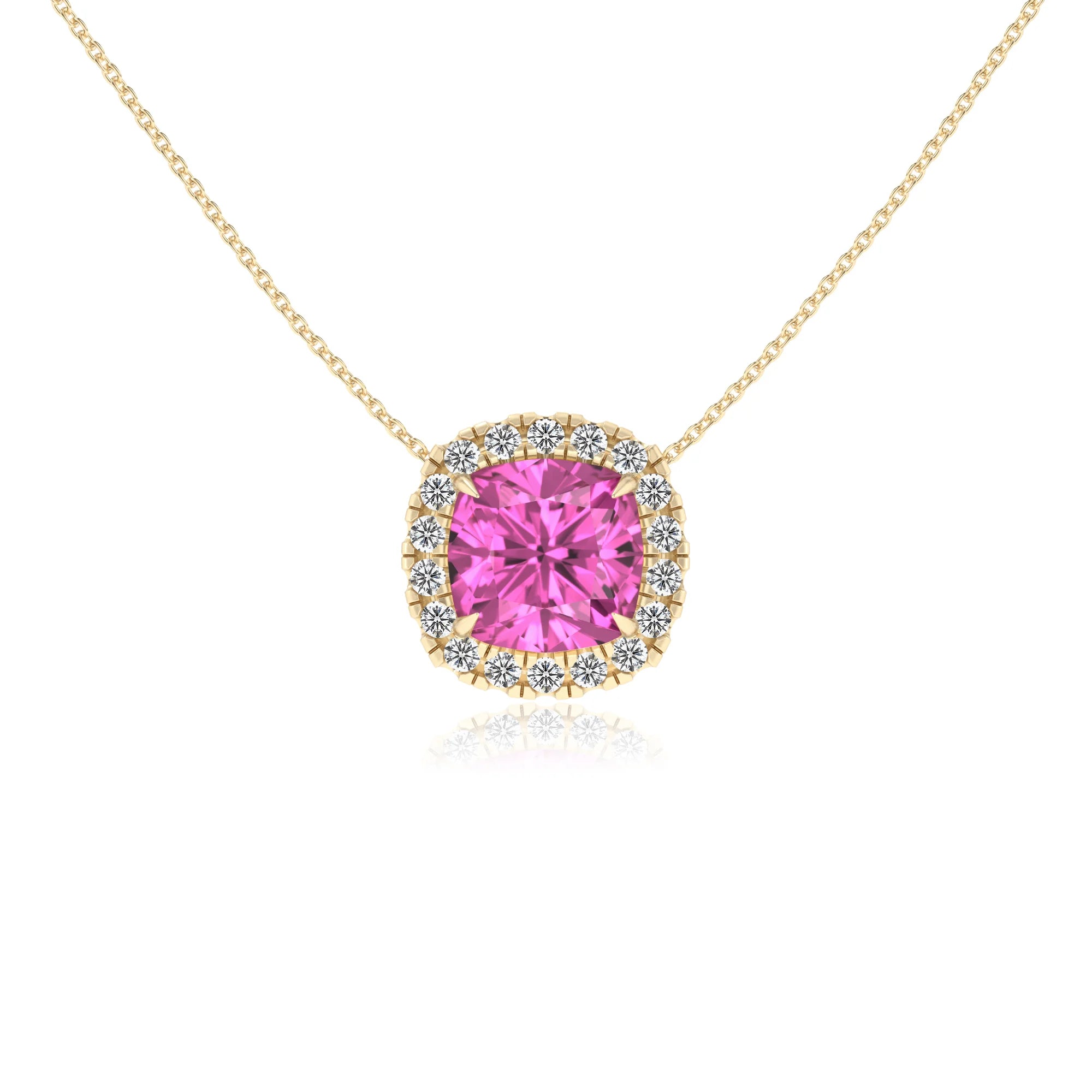 lab grown pink sapphire cushion solitaire necklaces in yellow gold