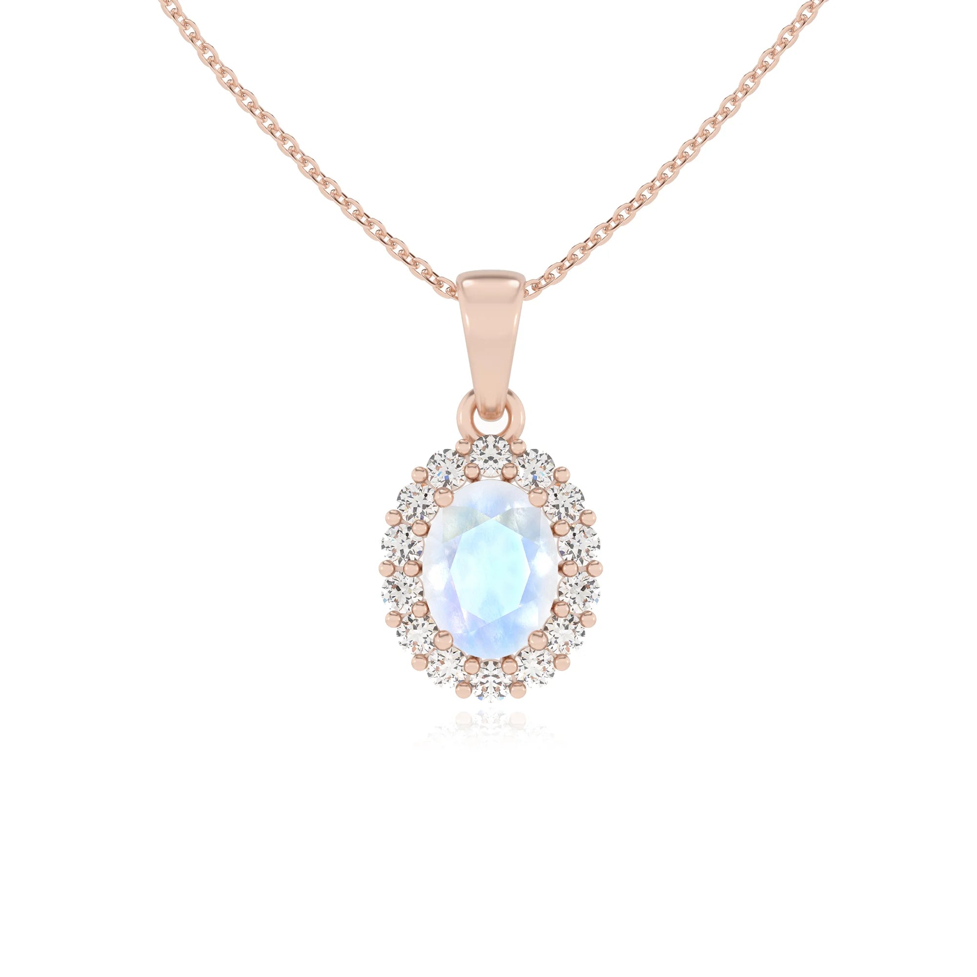 natural rainbow-moonstone oval solitaire necklaces in rose gold