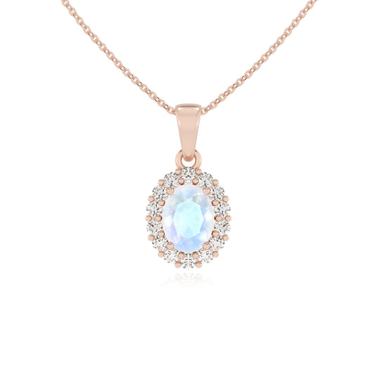 natural rainbow-moonstone oval solitaire necklaces in rose gold