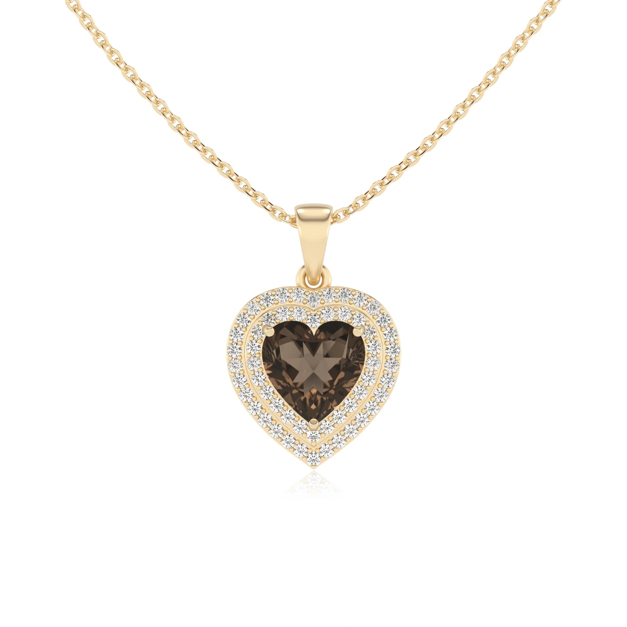 natural smoky quartz heart halo necklaces in yellow gold