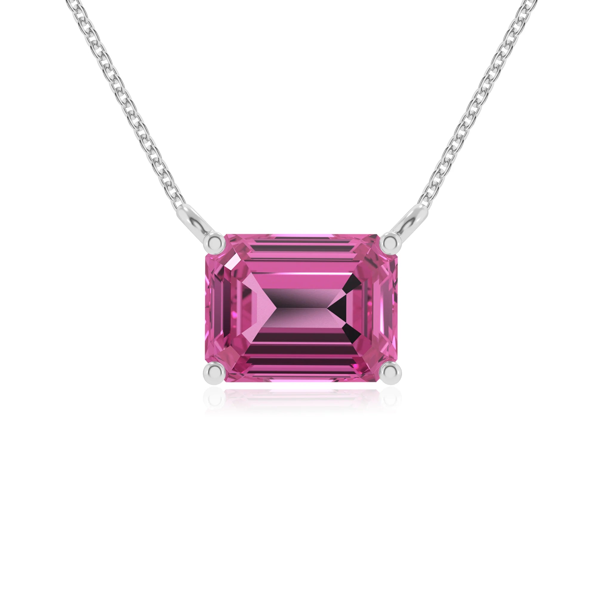lab grown pink-sapphire emerald cut solitaire necklaces in white gold