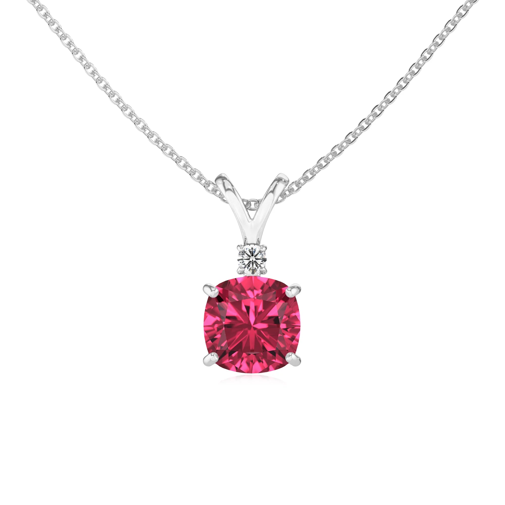 lab grown pink-tourmaline cushion solitaire v-bale necklaces in sterling silver