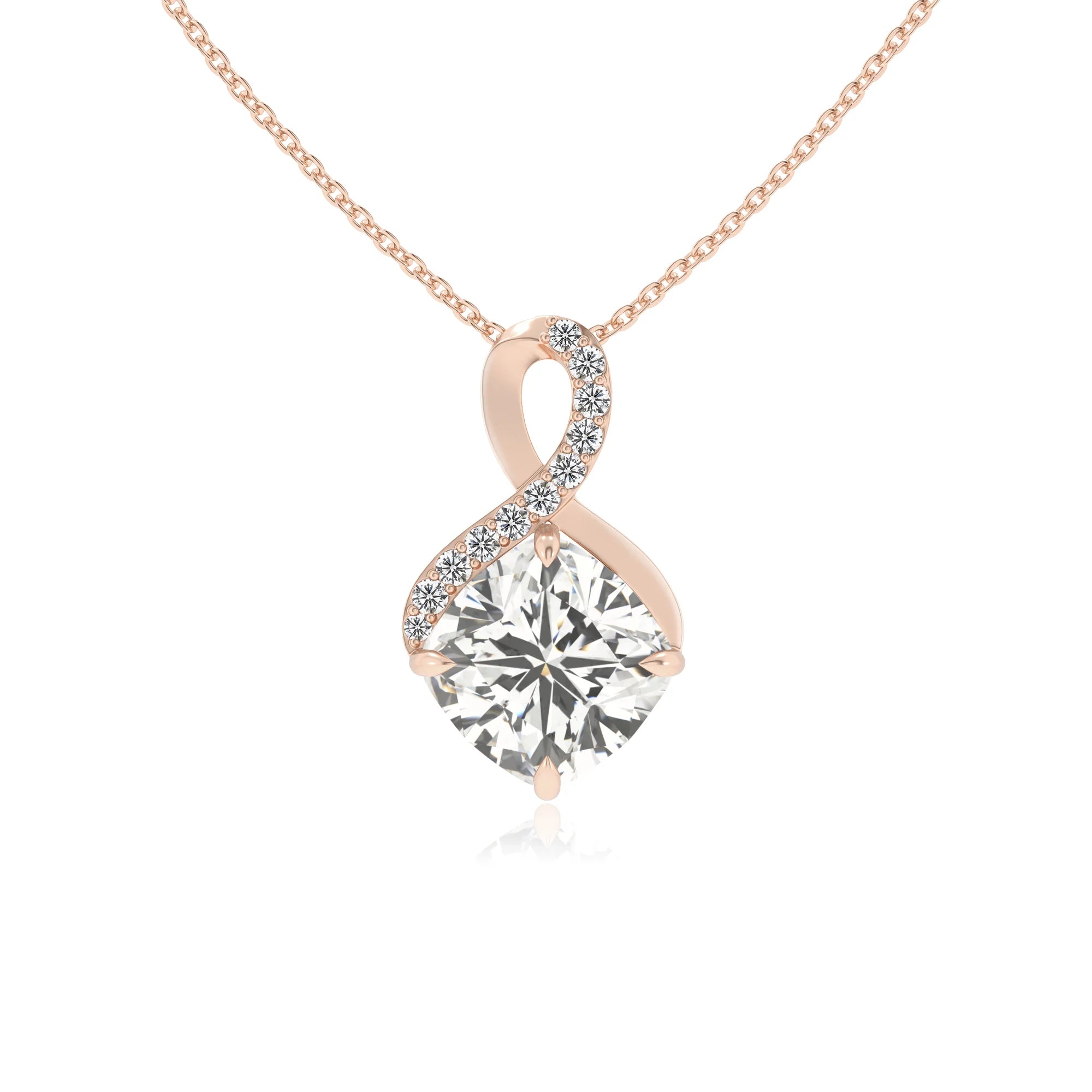 lab grown moissanite cushion infinity necklaces in rose gold