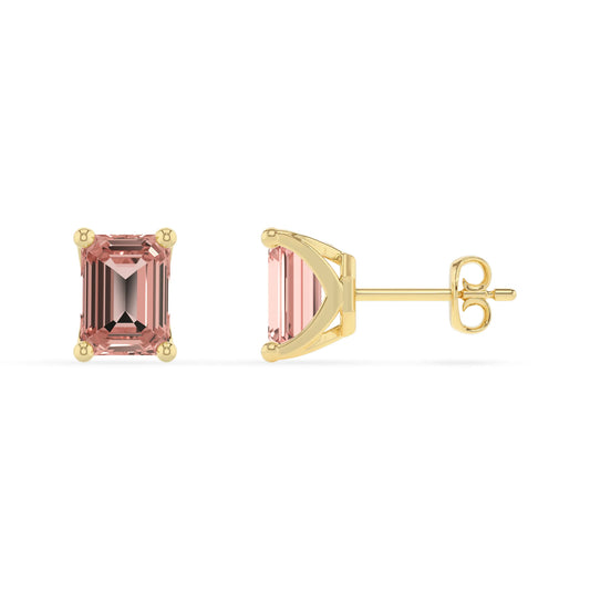lab grown morganite emerald cut stud earrings in yellow gold