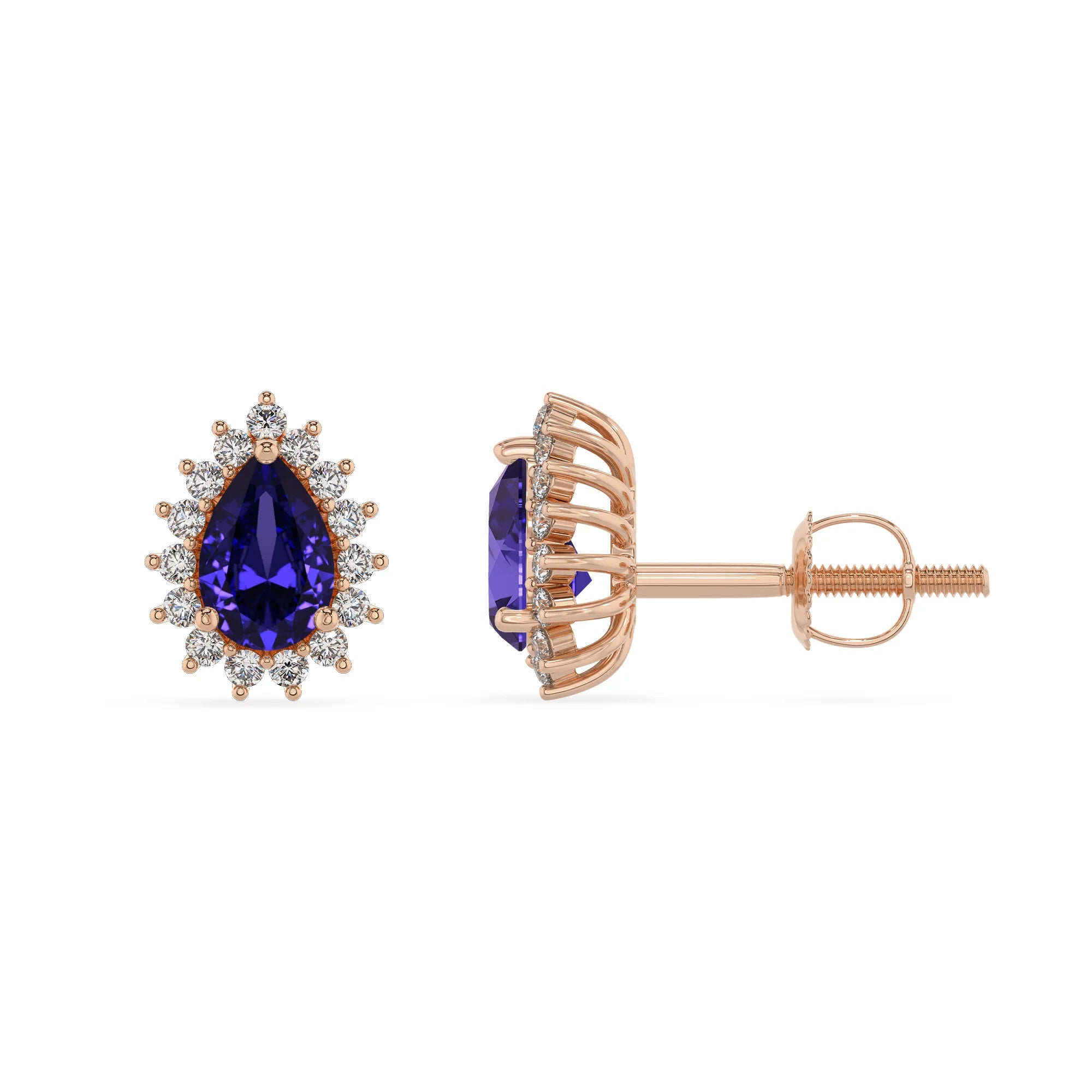 lab grown tanzanite pear stud earrings in rose gold
