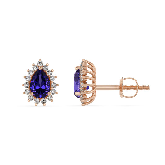 lab grown tanzanite pear stud earrings in rose gold