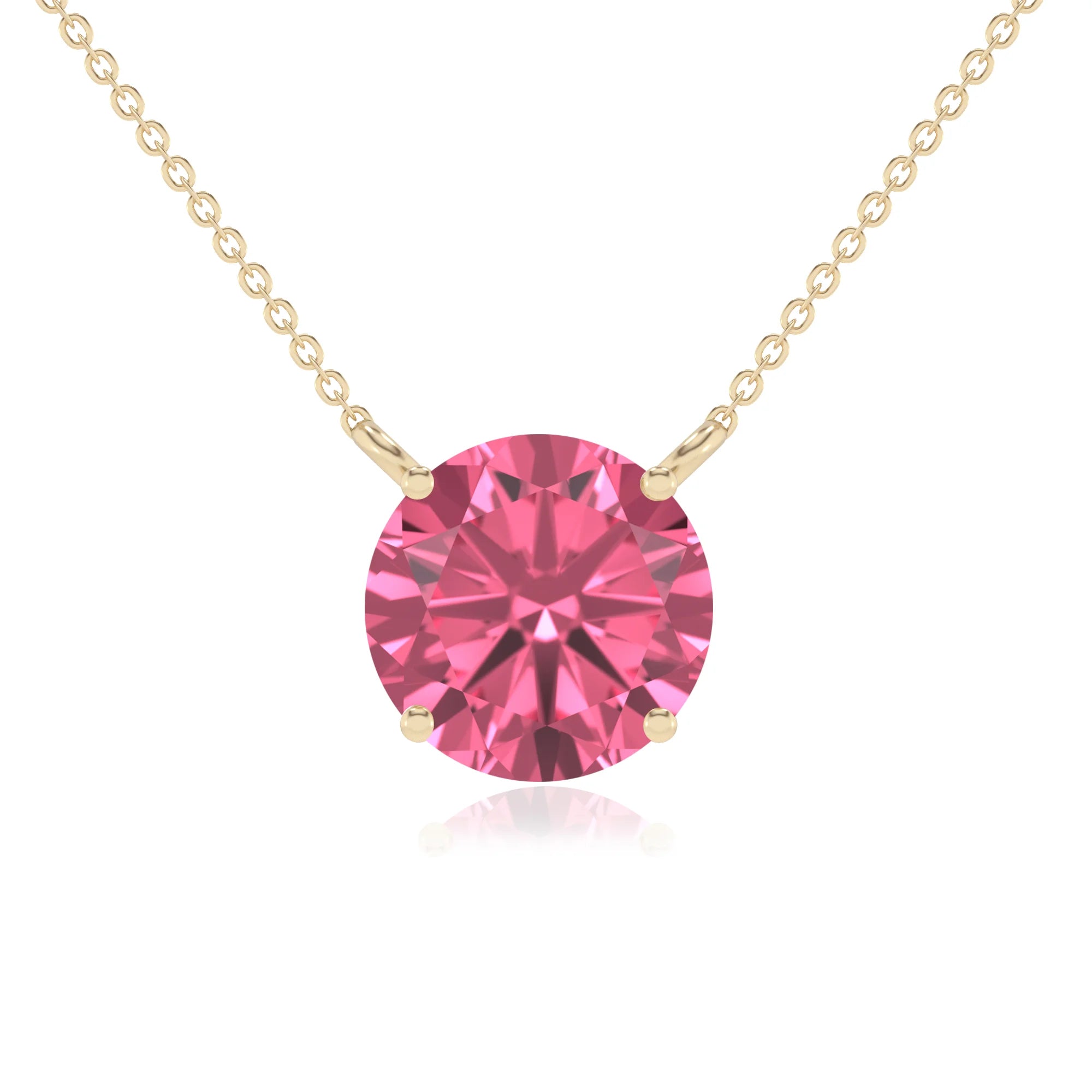 lab grown pink-tourmaline round solitaire necklaces in yellow gold