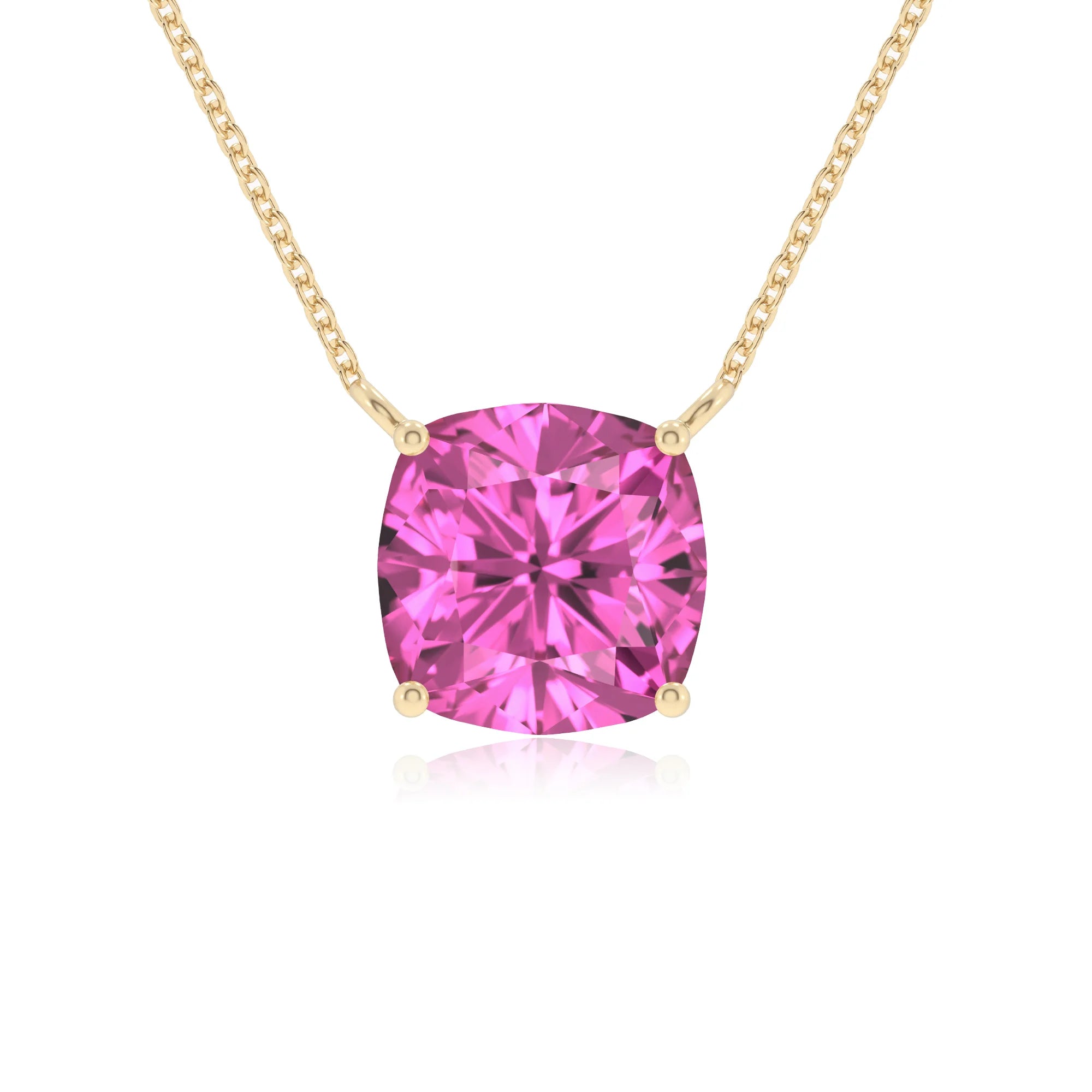 lab grown pink-sapphire cushion solitaire necklaces in yellow gold