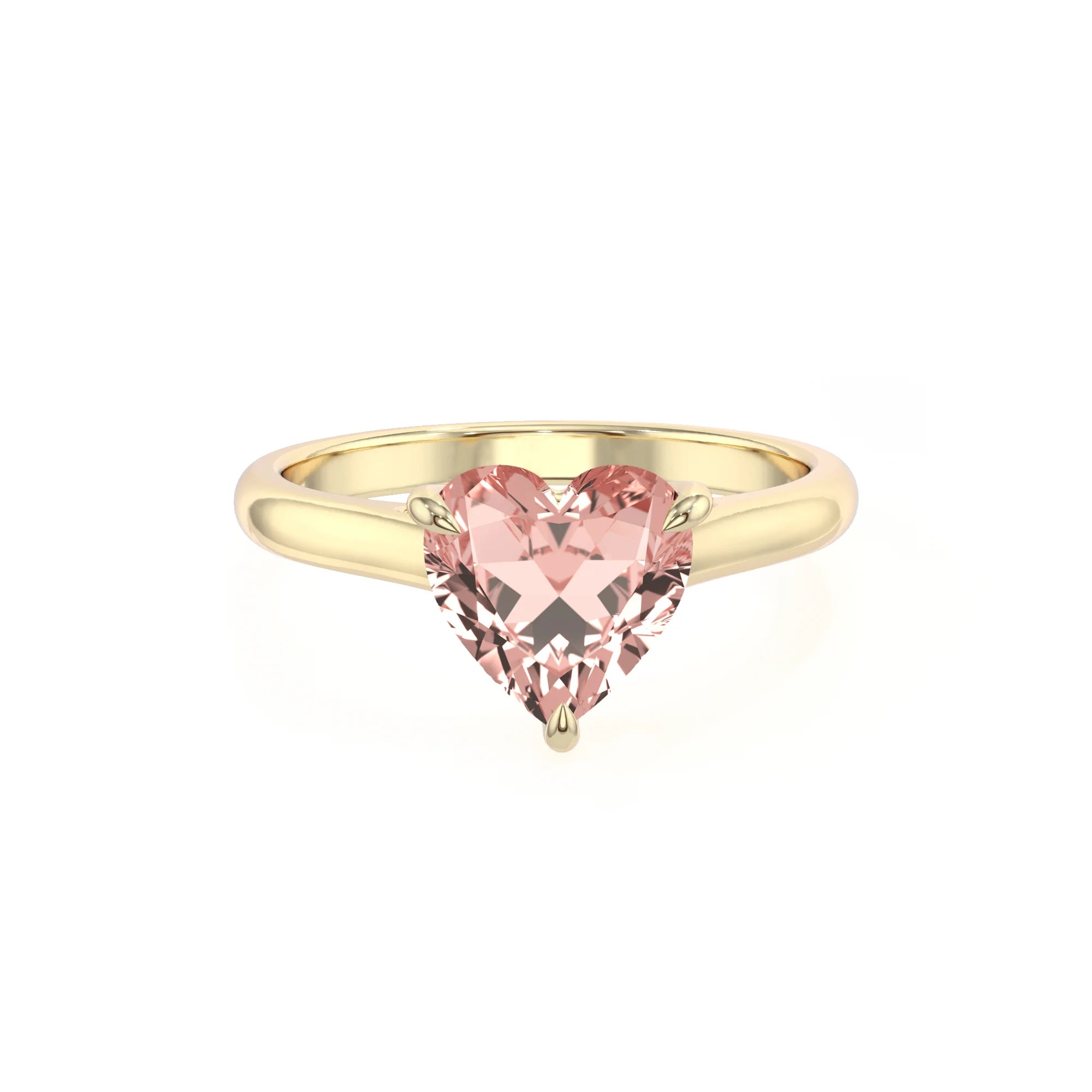 lab grown morganite heart solitaire rings in yellow gold