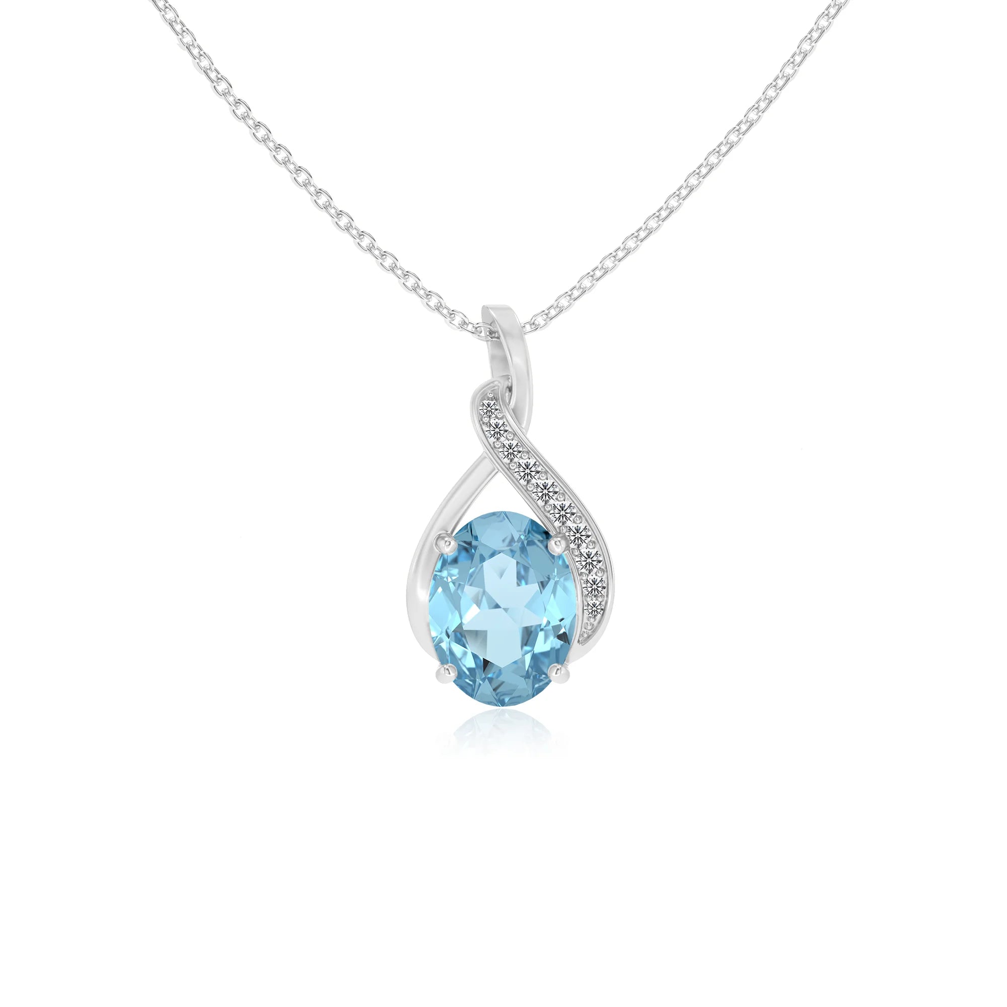 lab grown aquamarine oval solitaire necklaces in white gold