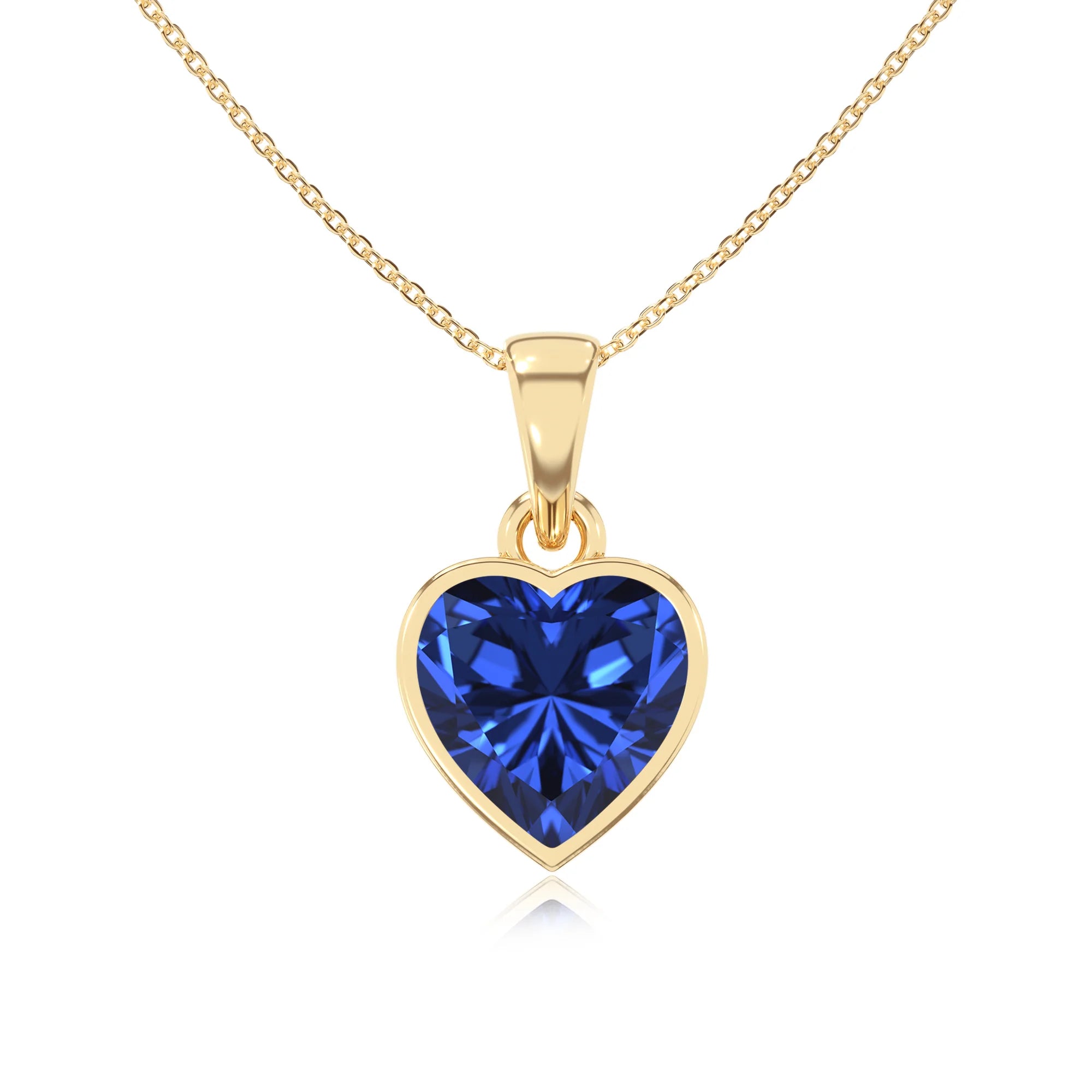 lab grown blue-sapphire heart solitaire necklaces in yellow gold