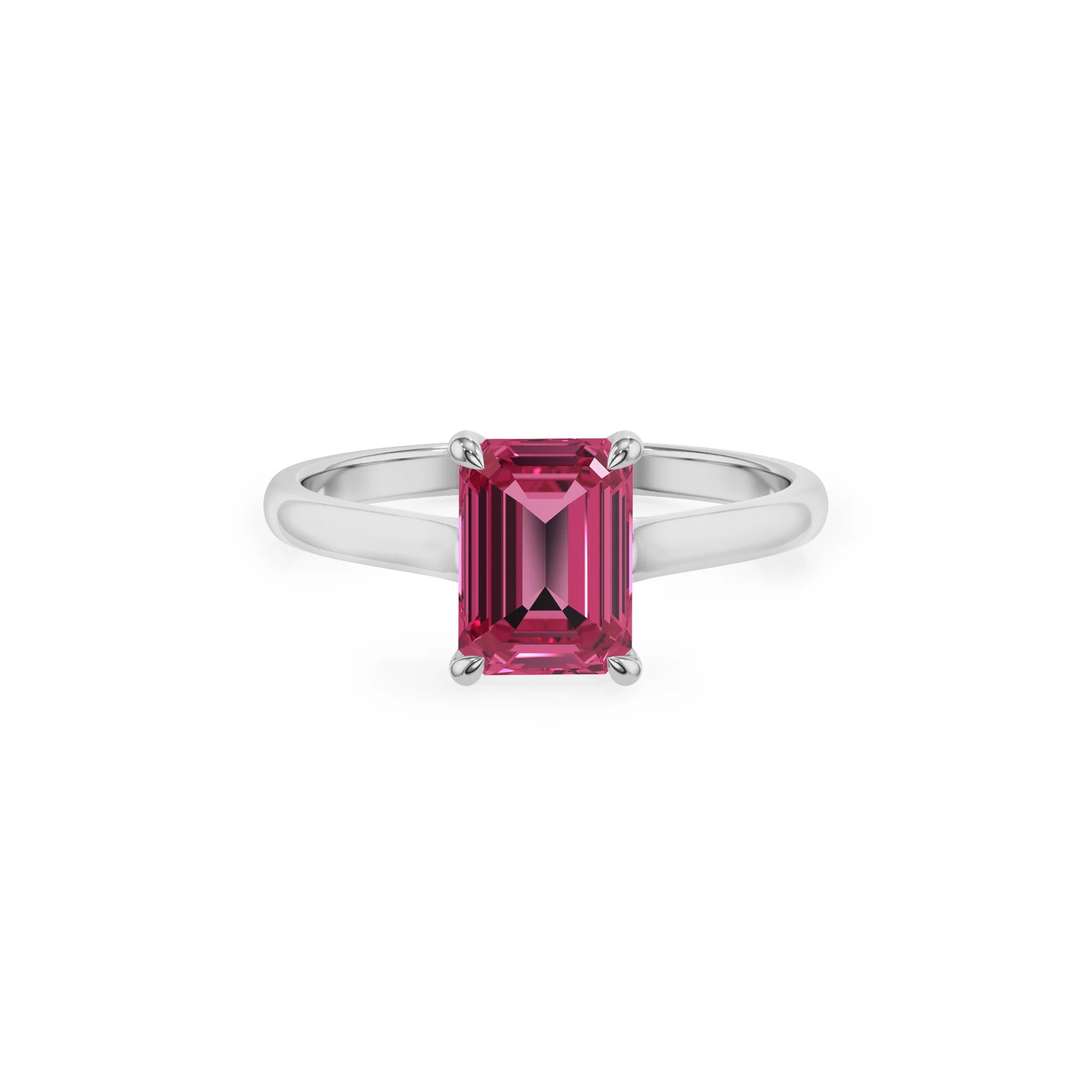lab grown pink-tourmaline emerald cut solitaire rings in sterling silver