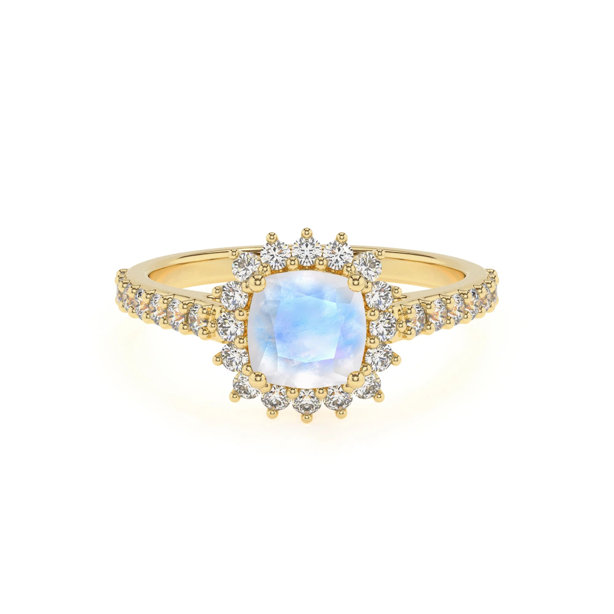 natural rainbow-moonstone cushion solitaire rings in yellow gold