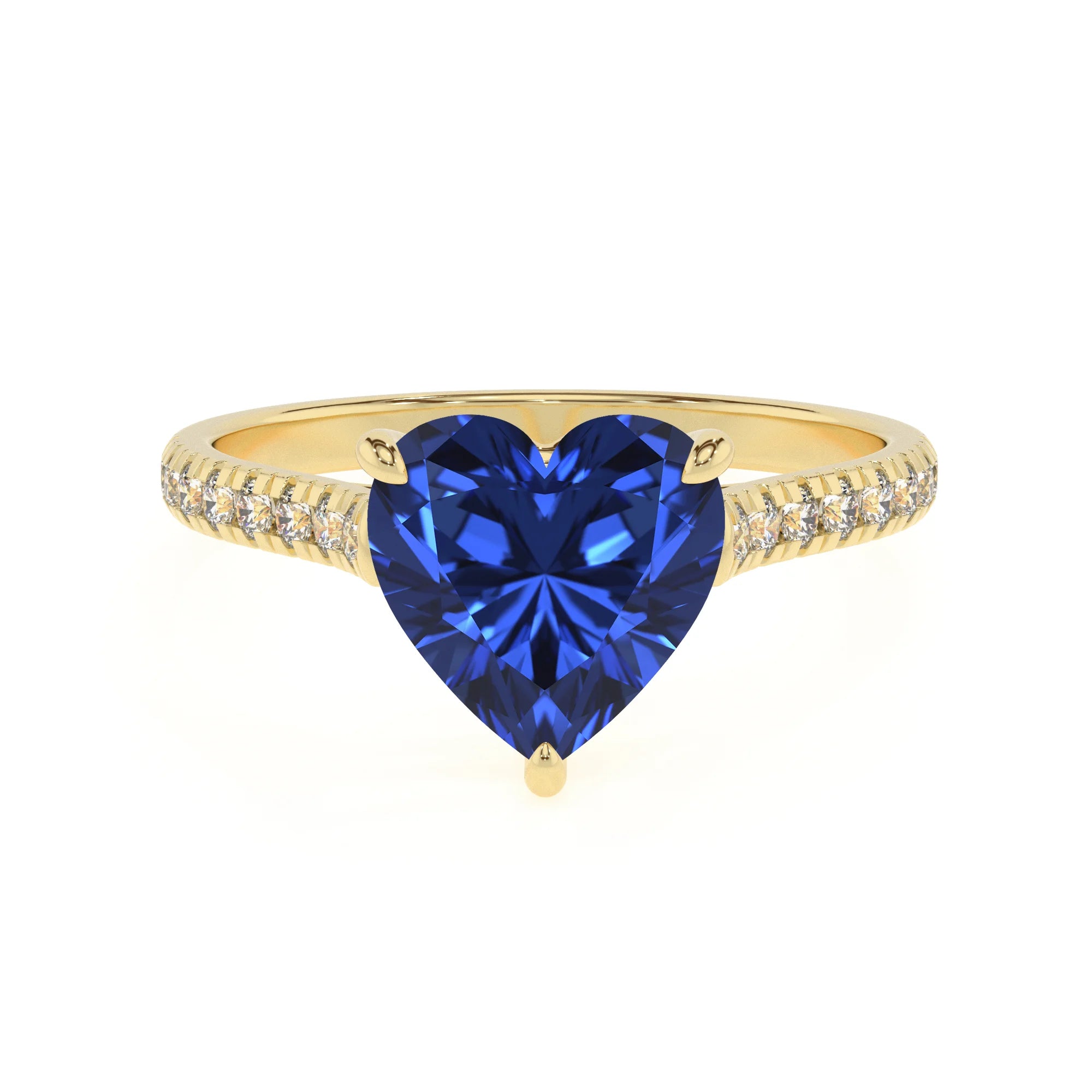 lab grown blue-sapphire heart half eternity solitaire engagement rings in yellow gold