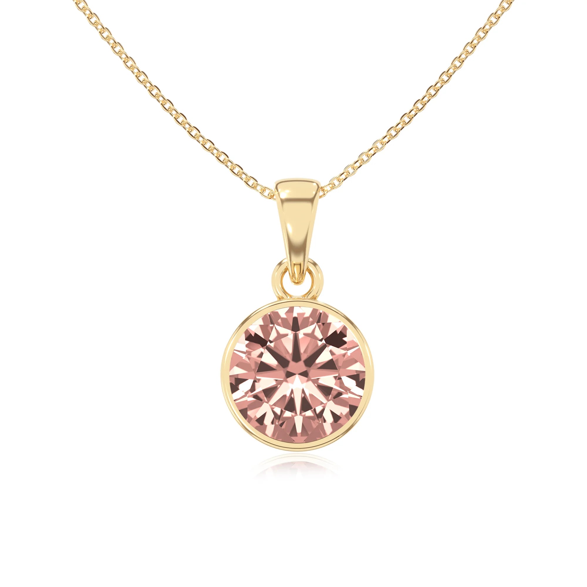 lab grown morganite round solitaire necklaces in yellow gold