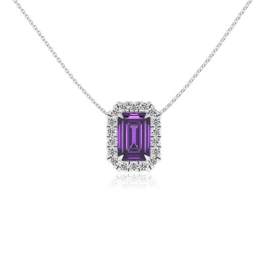 lab grown amethyst emerald cut solitaire necklaces in sterling silver