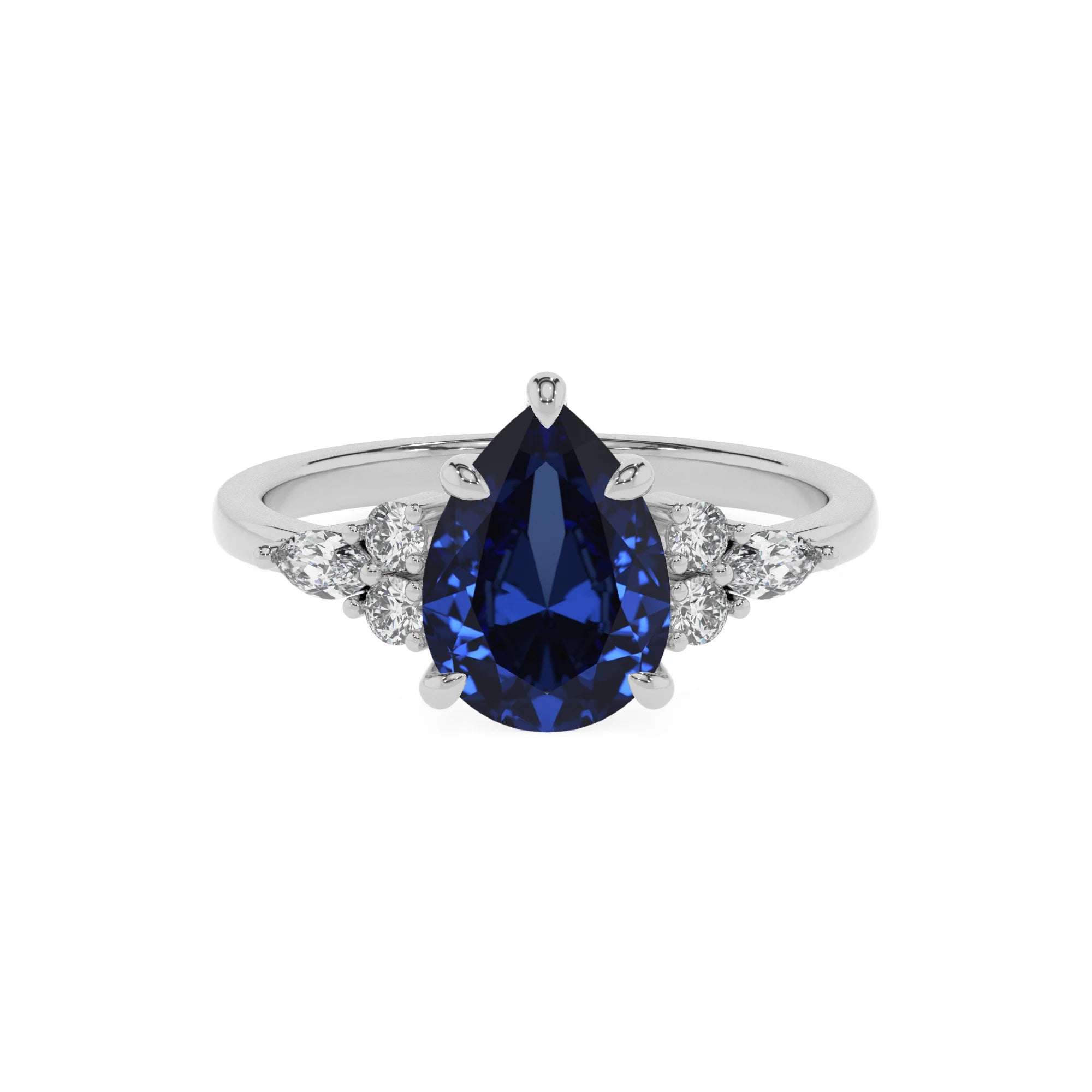 lab grown blue-sapphire pear solitaire rings in platinum