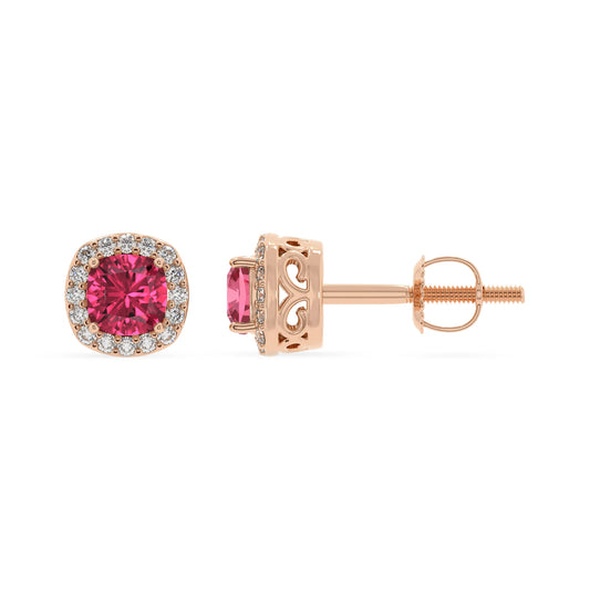 lab grown pink tourmaline cushion stud earrings in rose gold