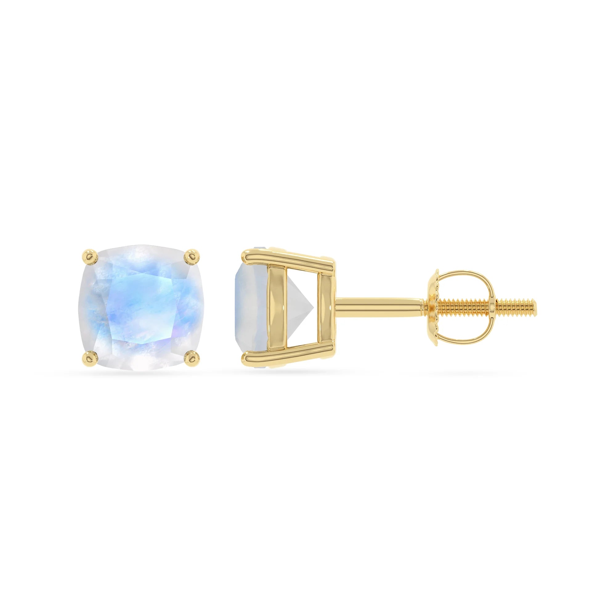 natural rainbow moonstone cushion stud earrings in yellow gold